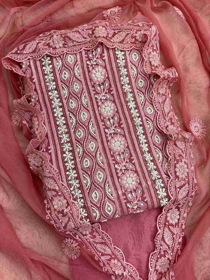 Dusty rose pink heavy chikankari georgette unstitched suit set with chiffon dupatta