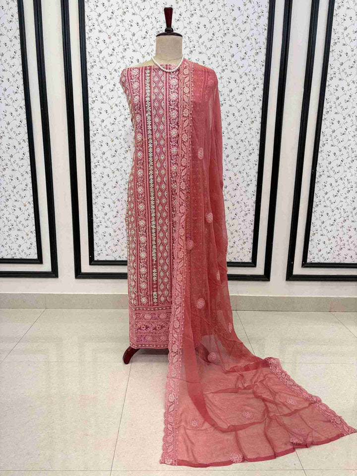 Dusty rose pink chikankari unstitched suit set ideal for weddings and festive occasions
