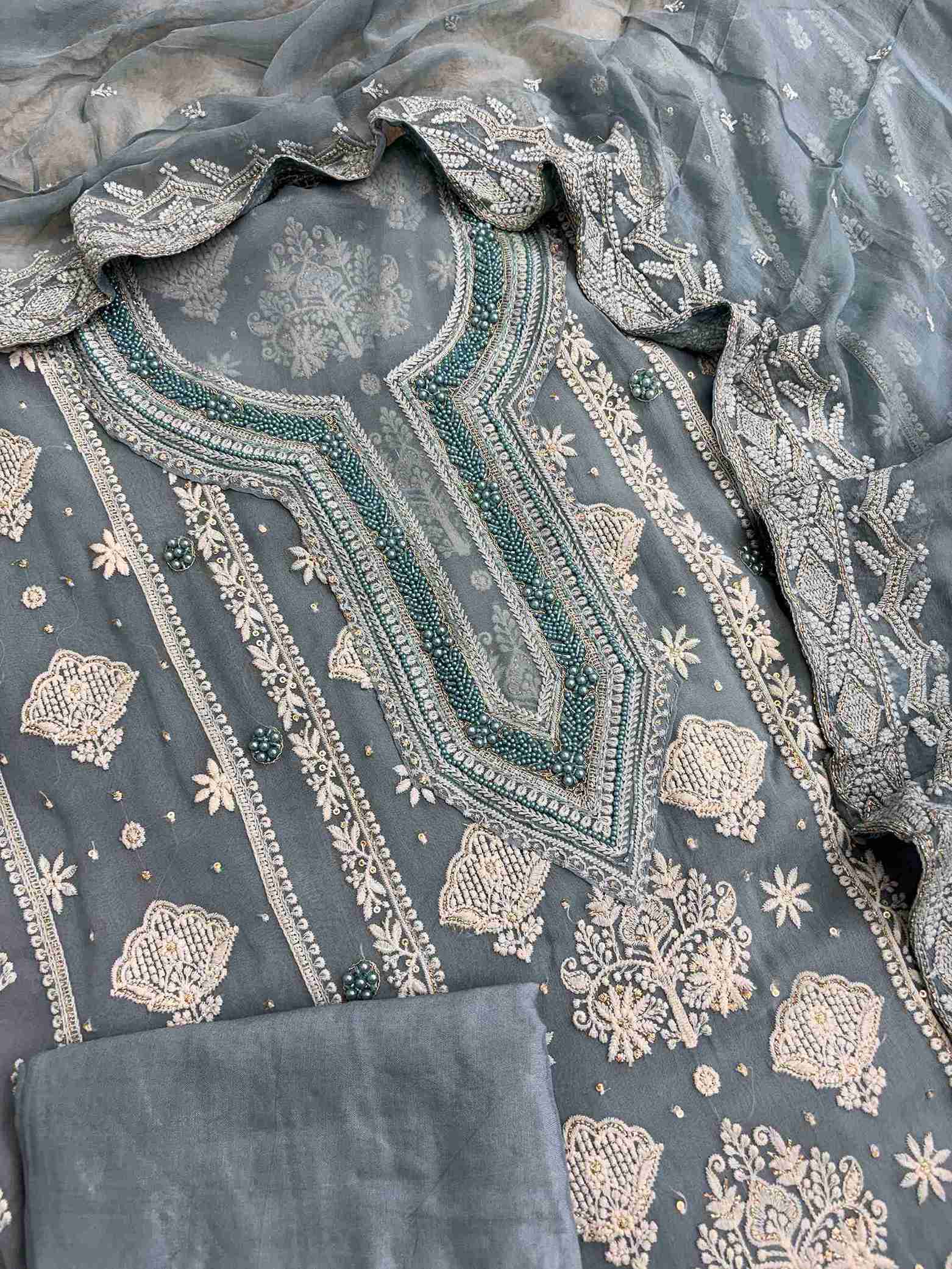 Matching opada silk bottom fabric for dusty teal embroidered georgette suit