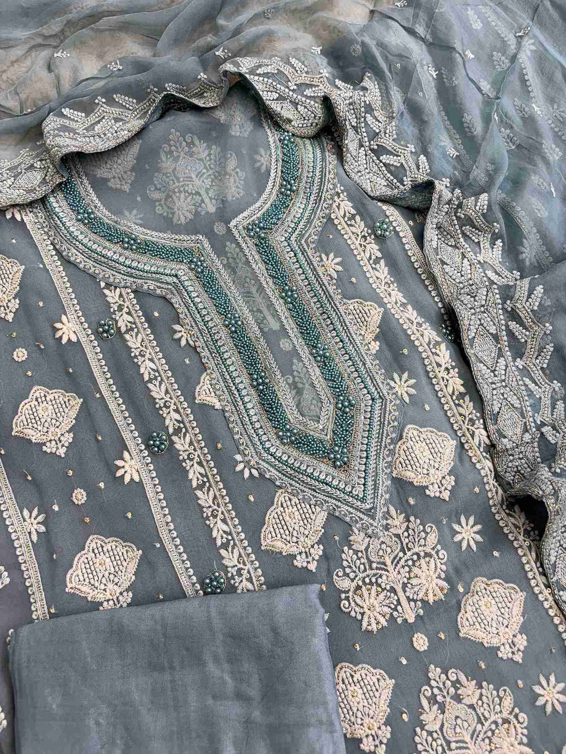 Matching opada silk bottom fabric for dusty teal embroidered georgette suit