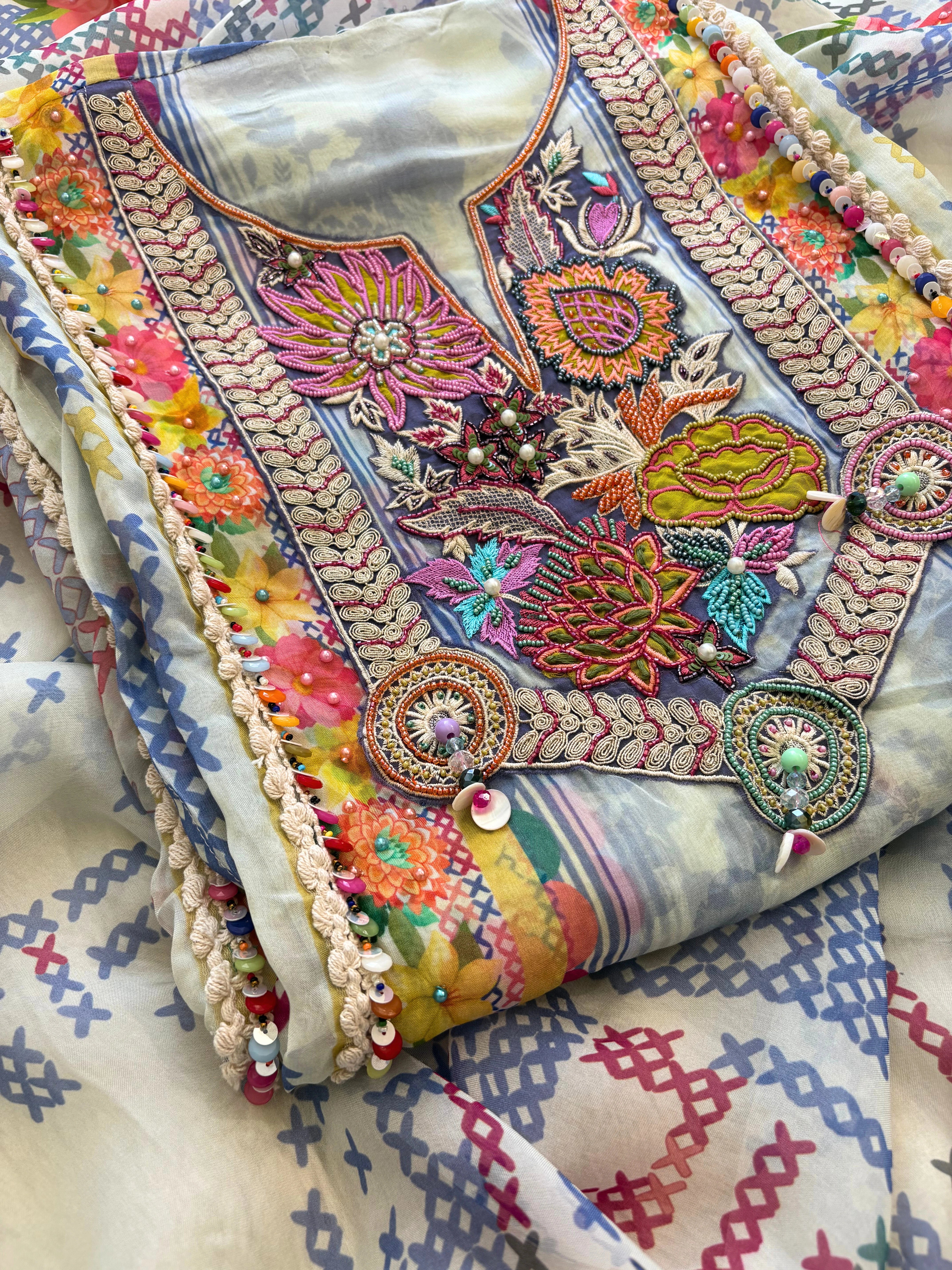 Multicolor Organza Suit with Digital Print & Sequin Highlights