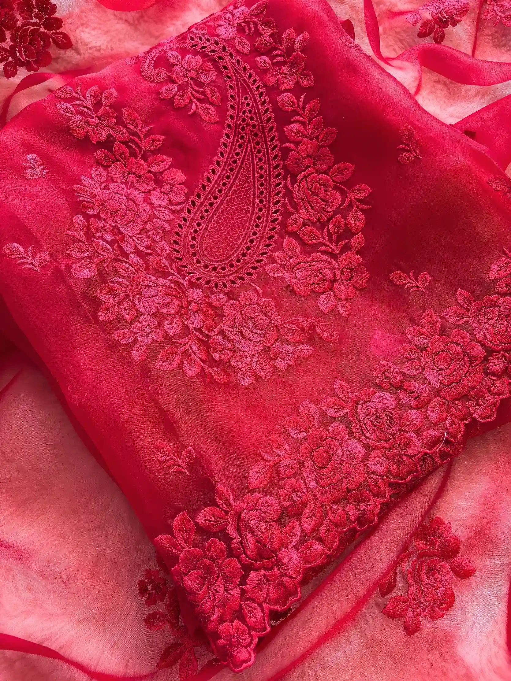 Glass tissue Designer Heavy floral thread embroidered Suit - The Zareesh