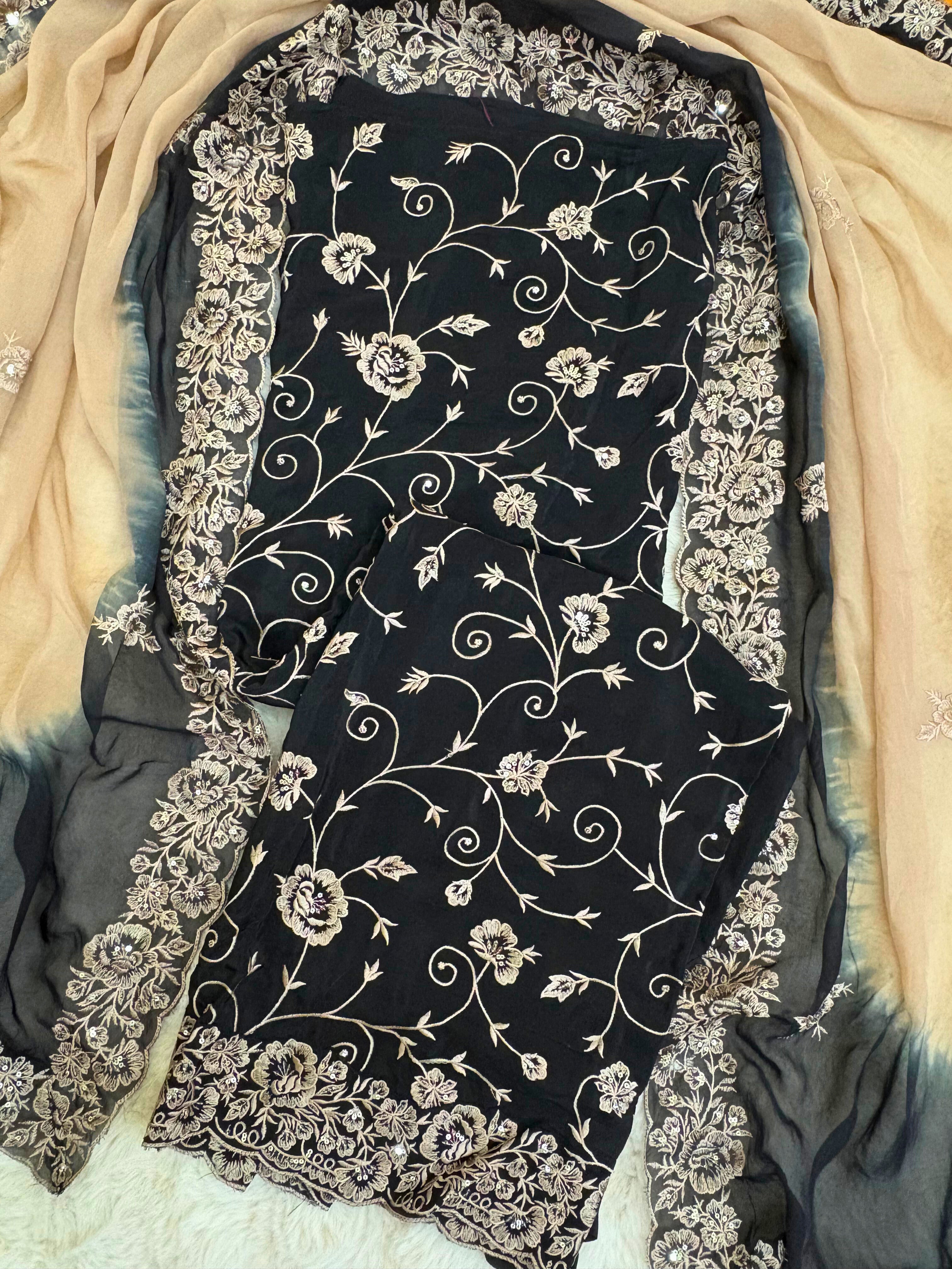 Zewar-e-Noir: Midnight Black Suit with Ivory Thread Embroidery & Ombre Dupatta