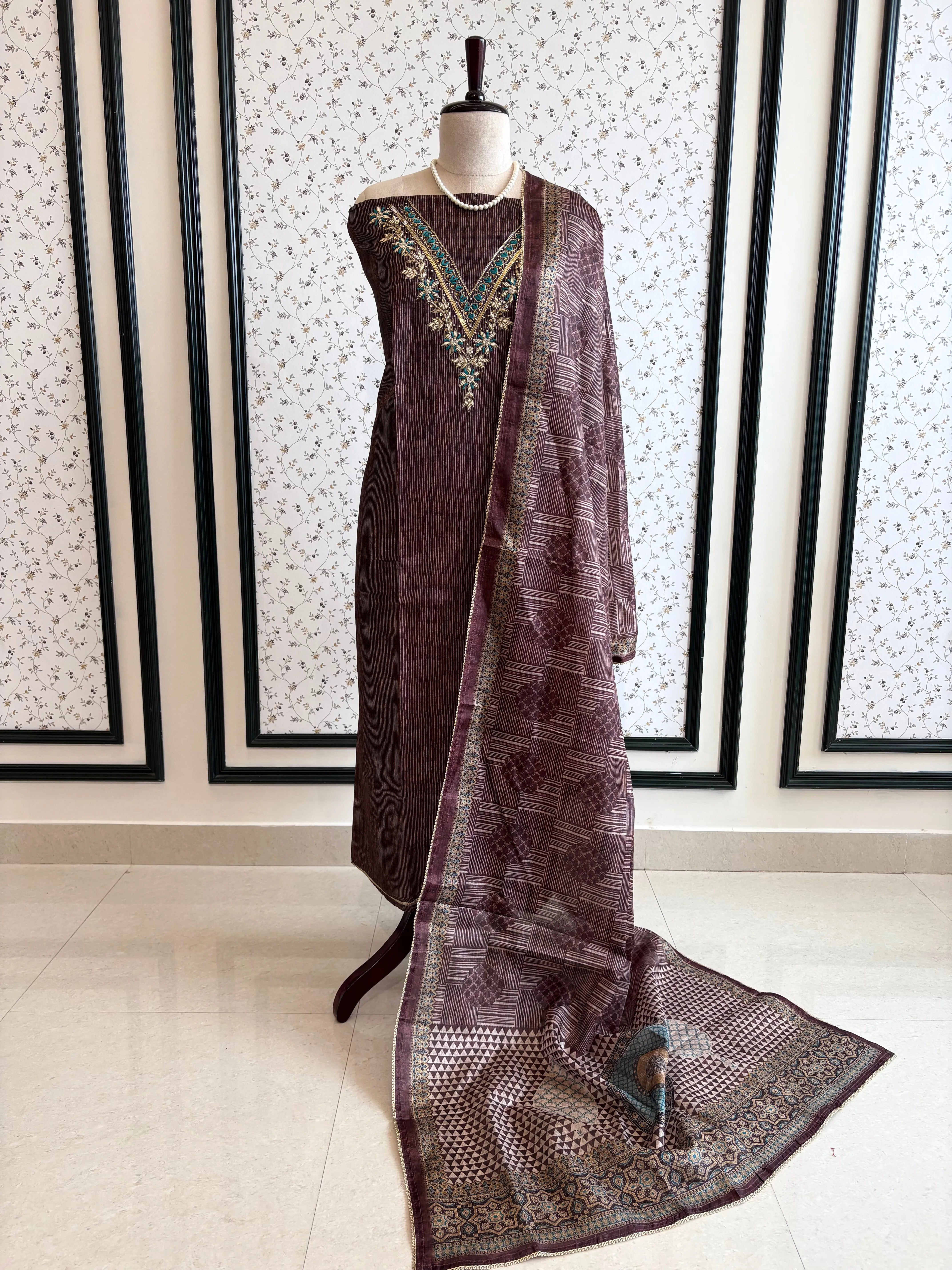 Brown Tussar Unstitched Suit - The Zareesh