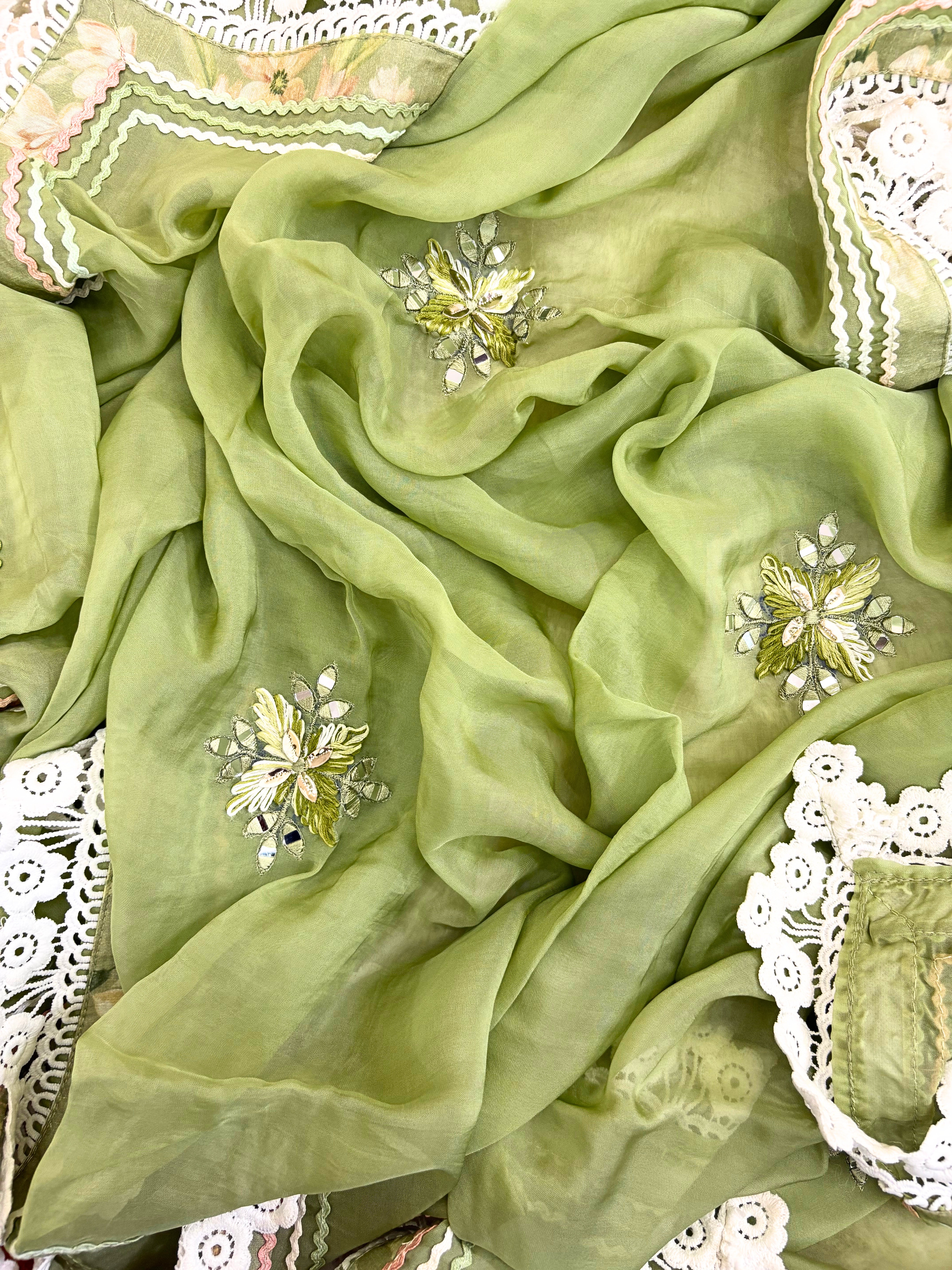 Haya-e-Bahar: Pastel Green Floral Linen Suit with Lace Detailing Organza Dupatta