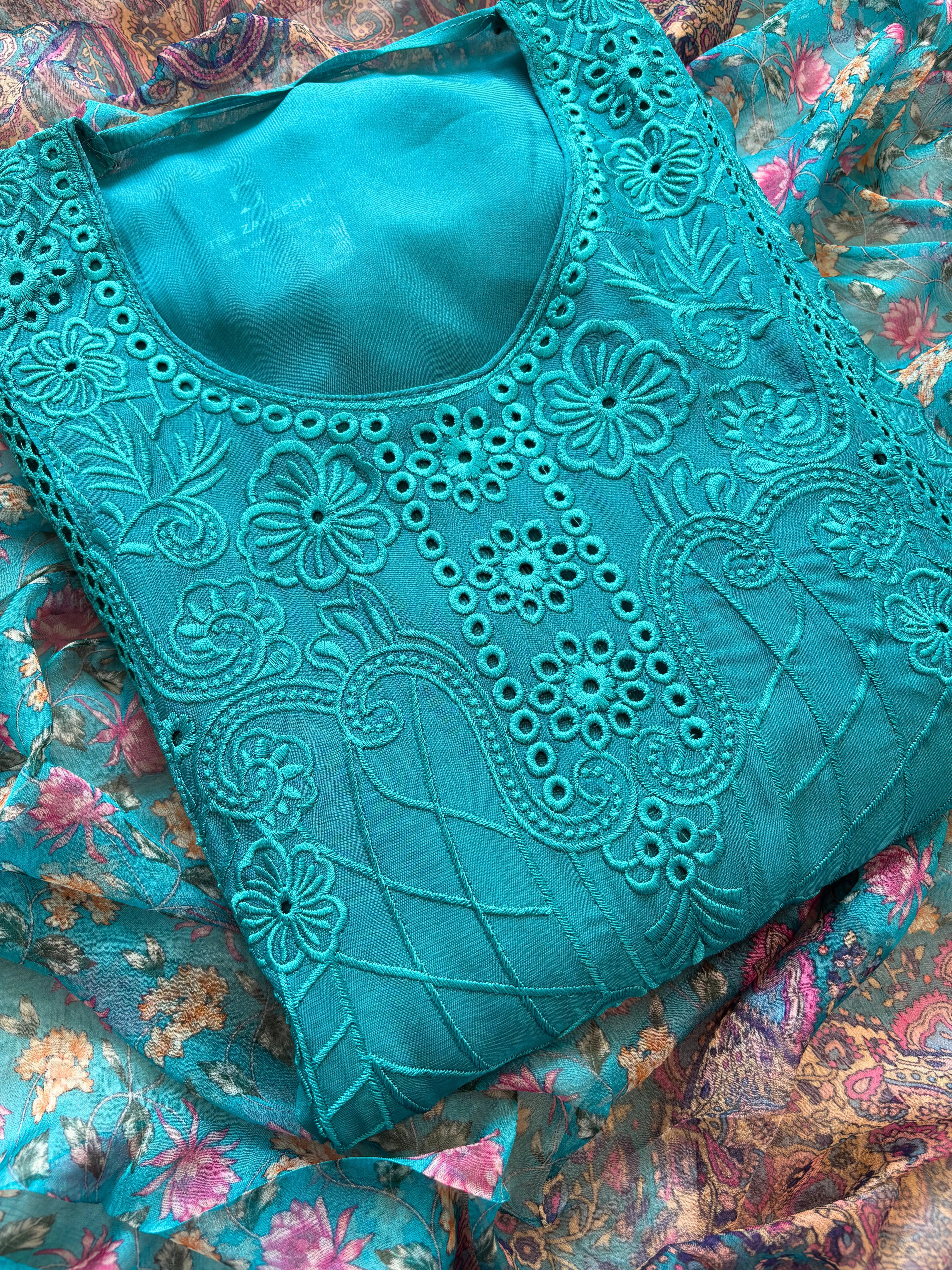 Blue Organza unstitched suit with kashida work - The Zareesh
