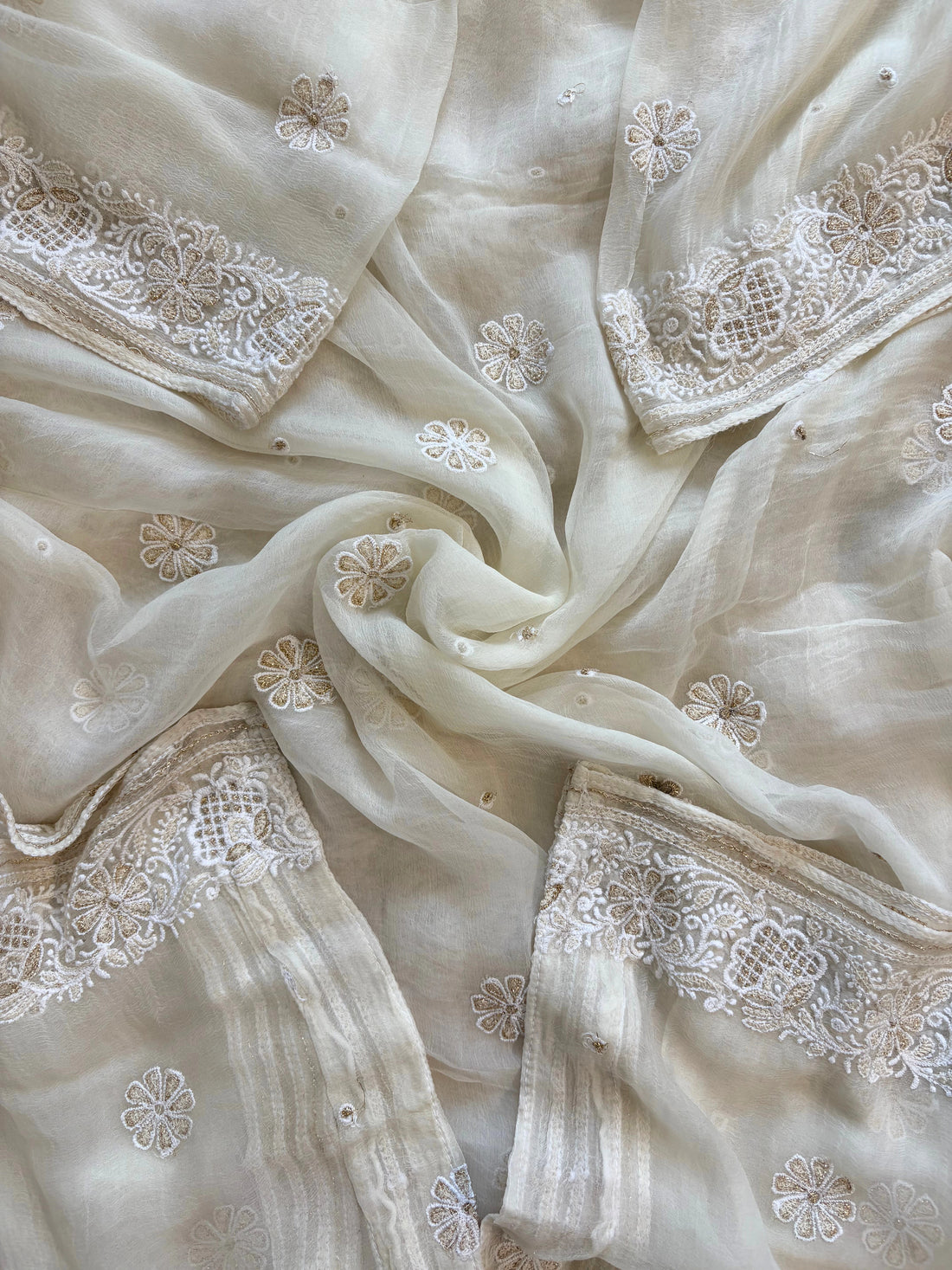 Georgette chikankari suit with beads, sequins and moti embellishments paired with dupatta