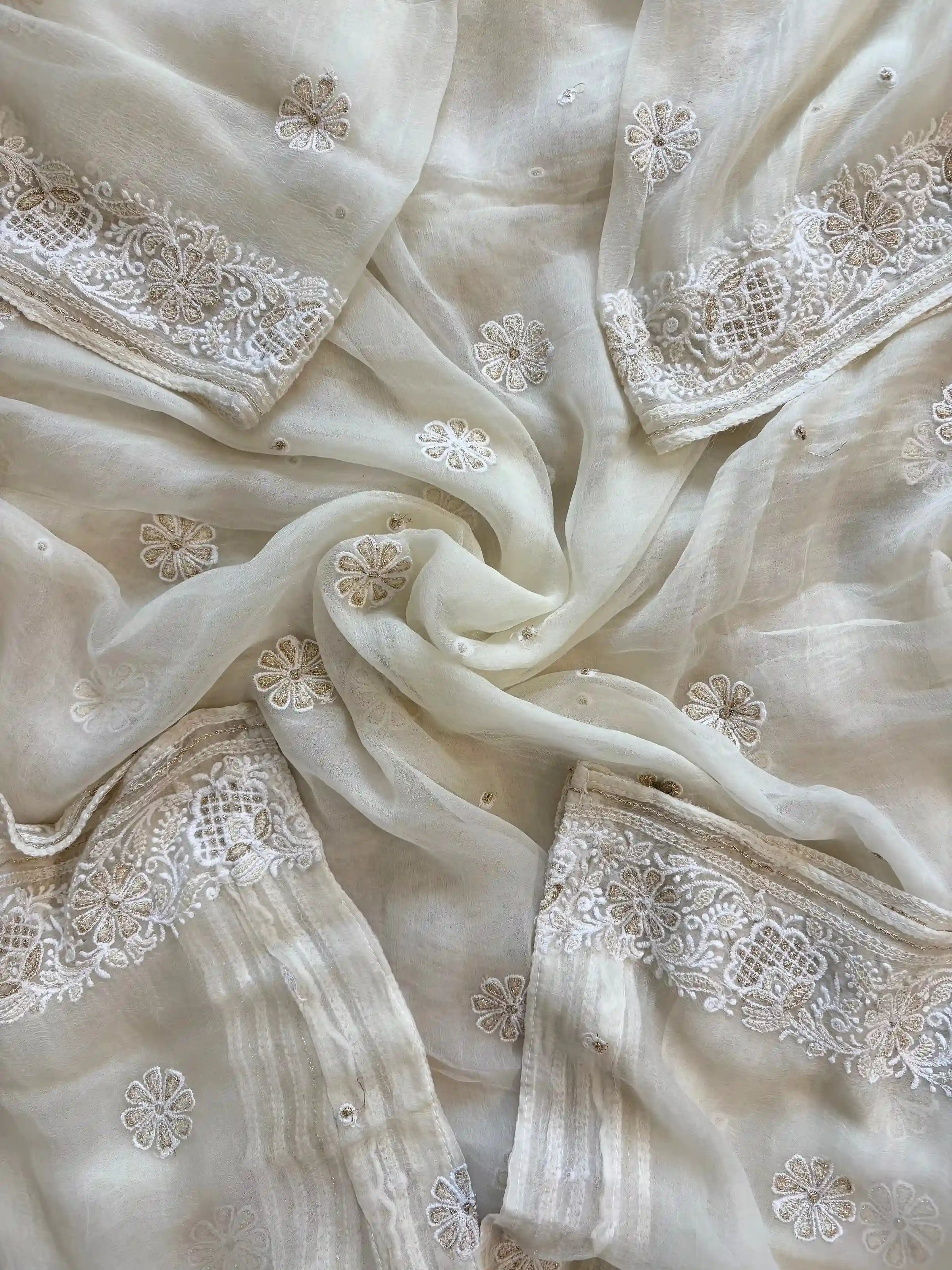 white georgette party wear chikankari unstitched suit for women or ladies