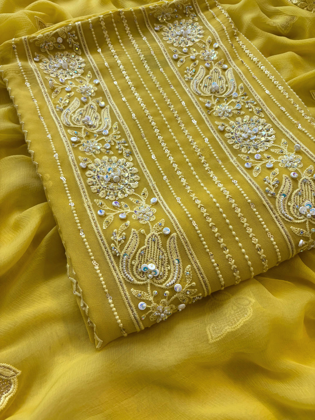 yellow chikankari with beads highlighting for brides and bridesmaid