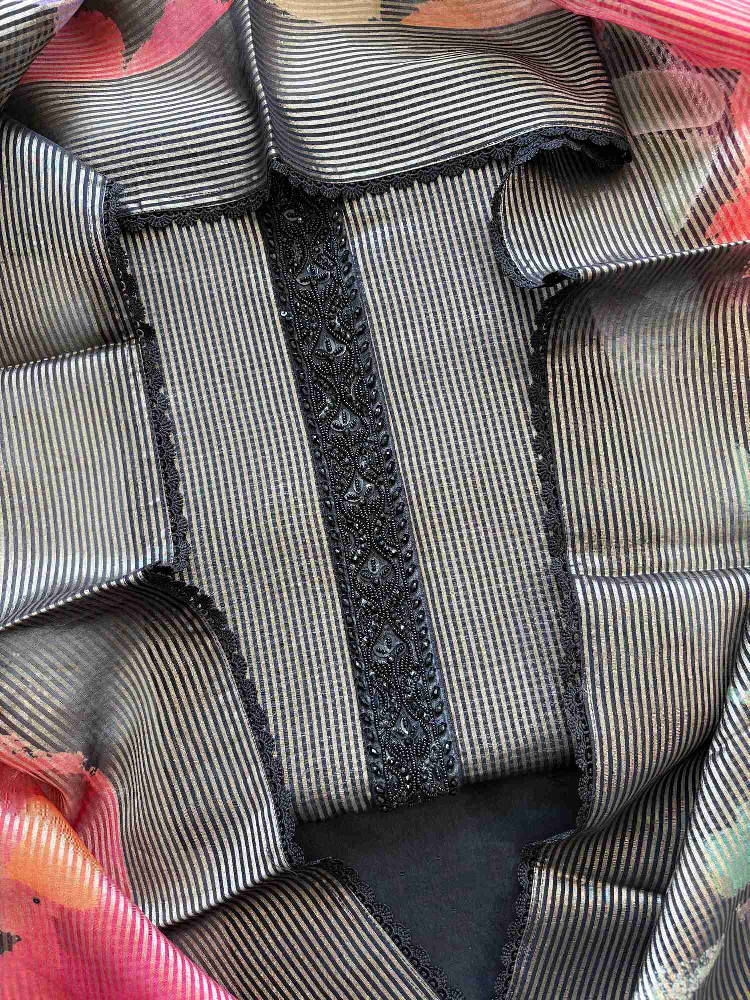 Soft Organza unstitched suit with neck patti design - The Zareesh