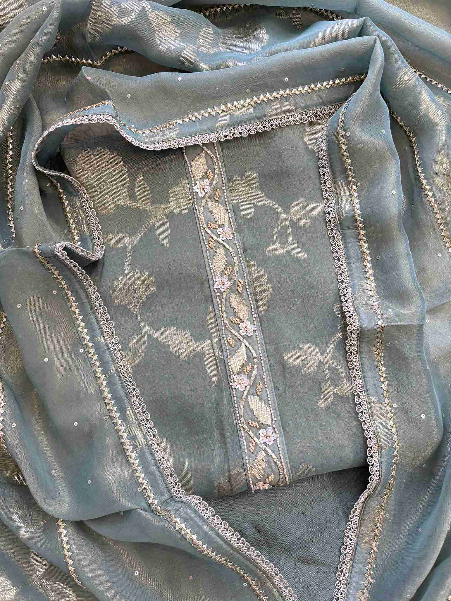 Pure Tissue Heavy Gota Lace Unstitched Suit - The Zareesh