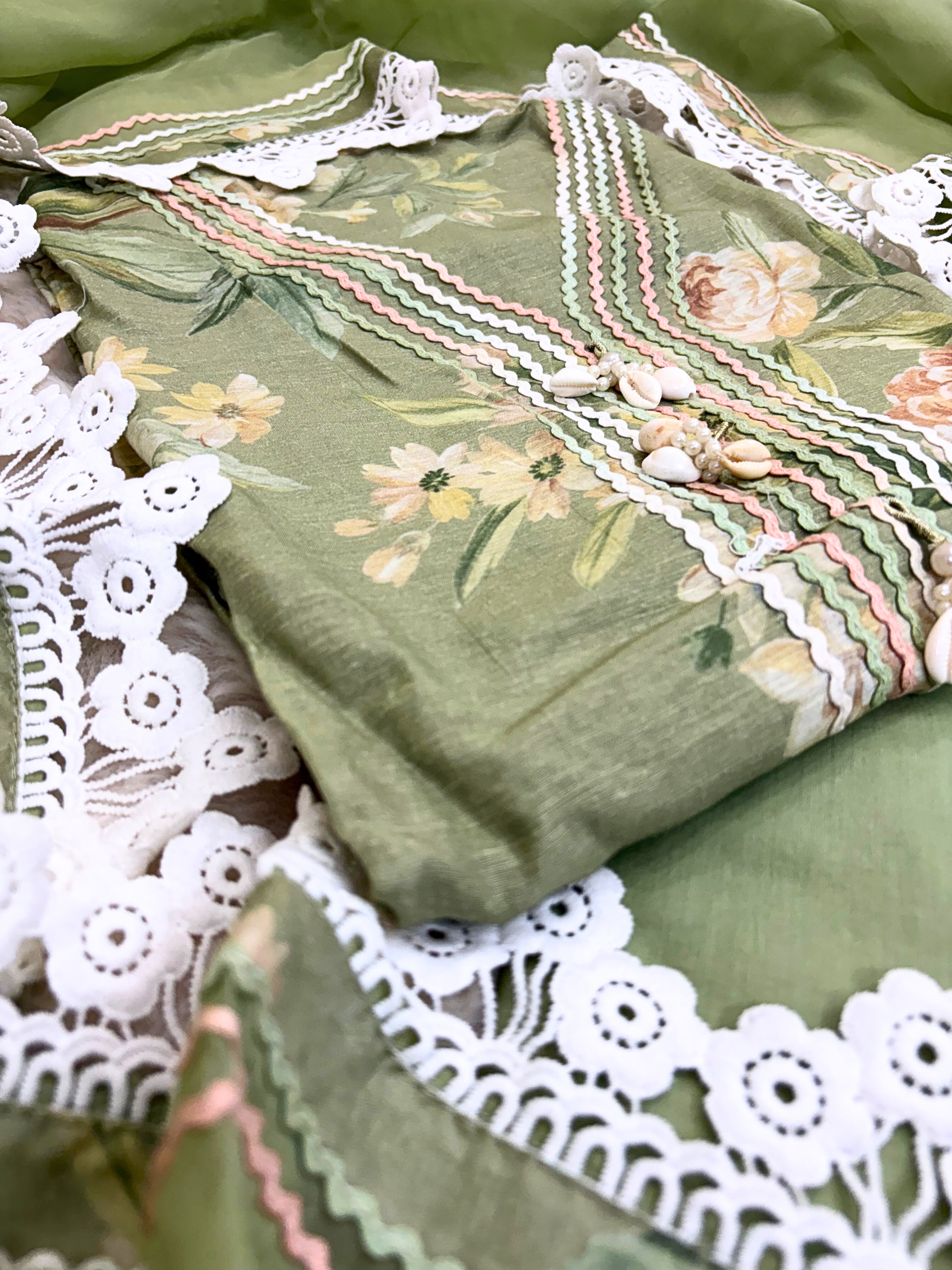 Haya-e-Bahar: Pastel Green Floral Linen Suit with Lace Detailing Organza Dupatta
