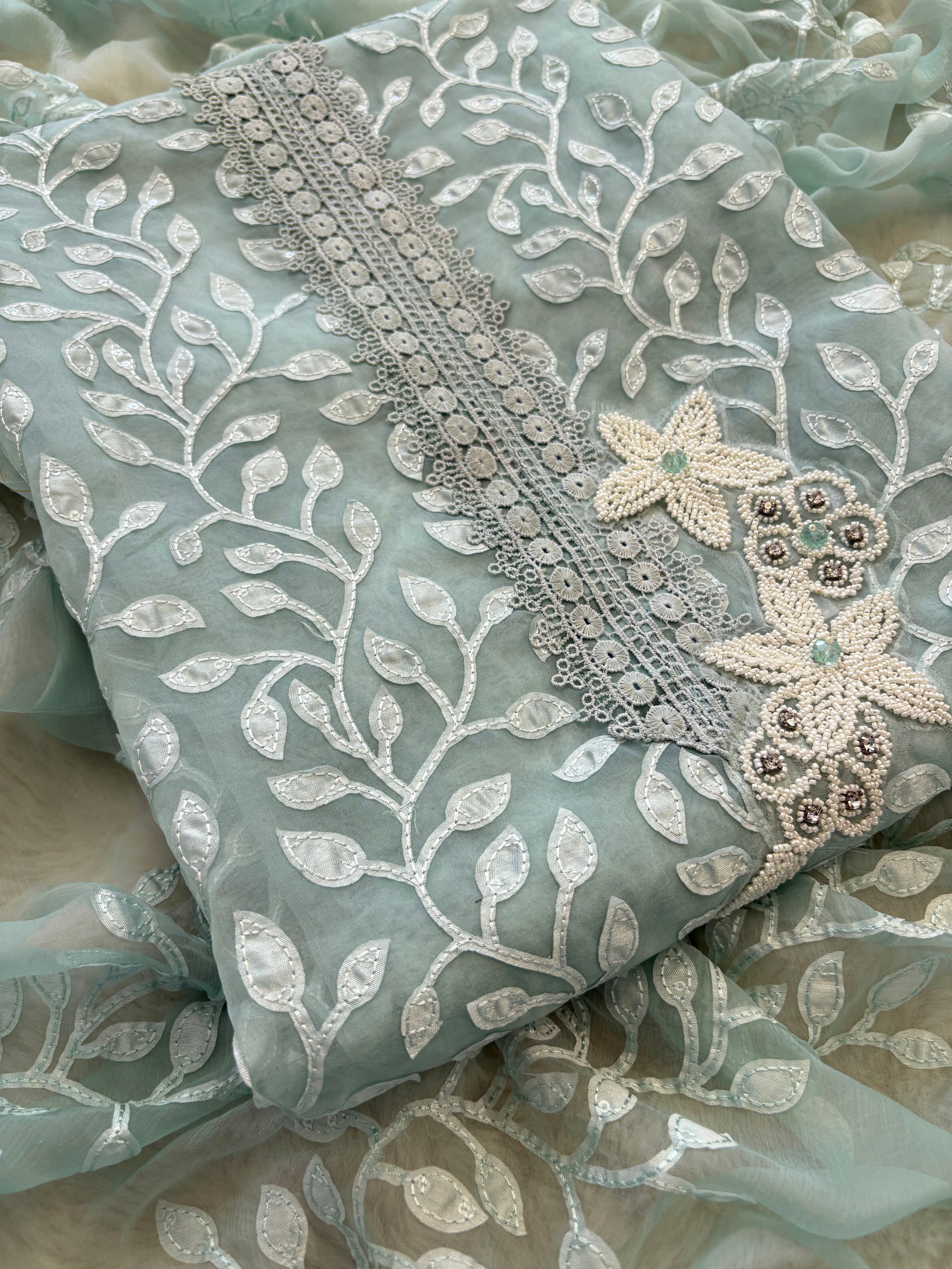 Pastel Green suit with applique embroidery and moti bead embellishments, paired with embroidered organza dupatta.