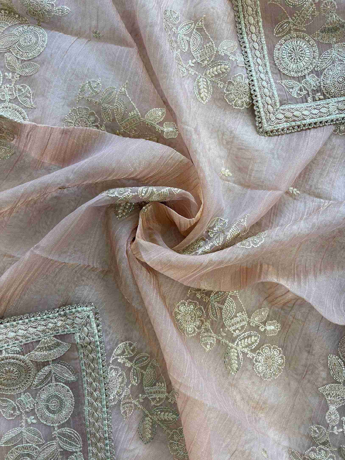 Blush Pink Crush Tissue Unstitched Suit with Pitta Work Neckline