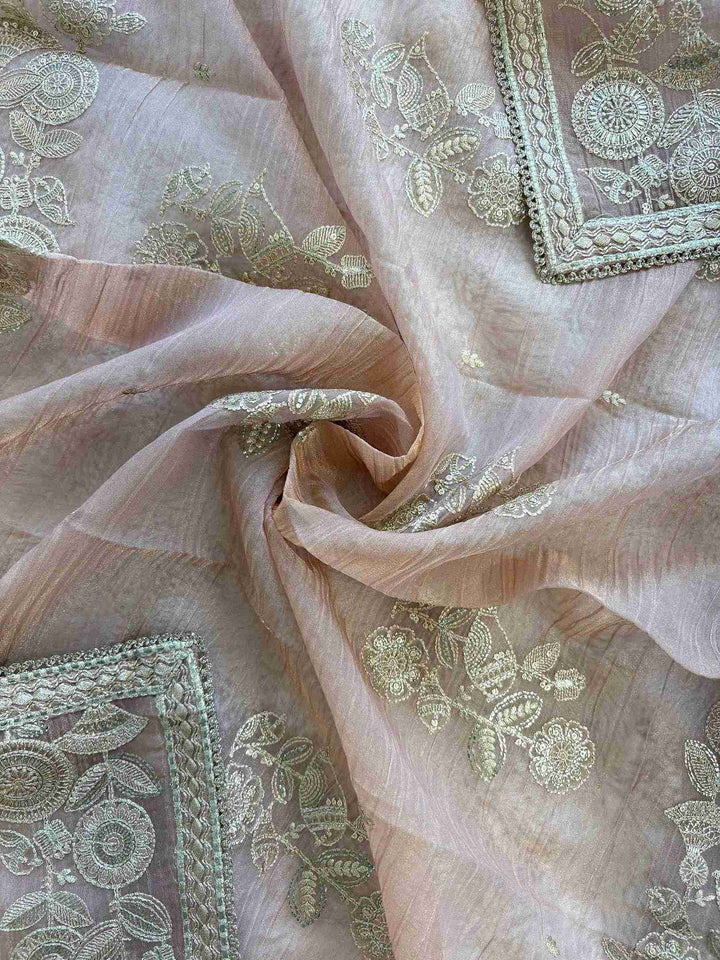 Blush Pink Crush Tissue Unstitched Suit with Pitta Work Neckline