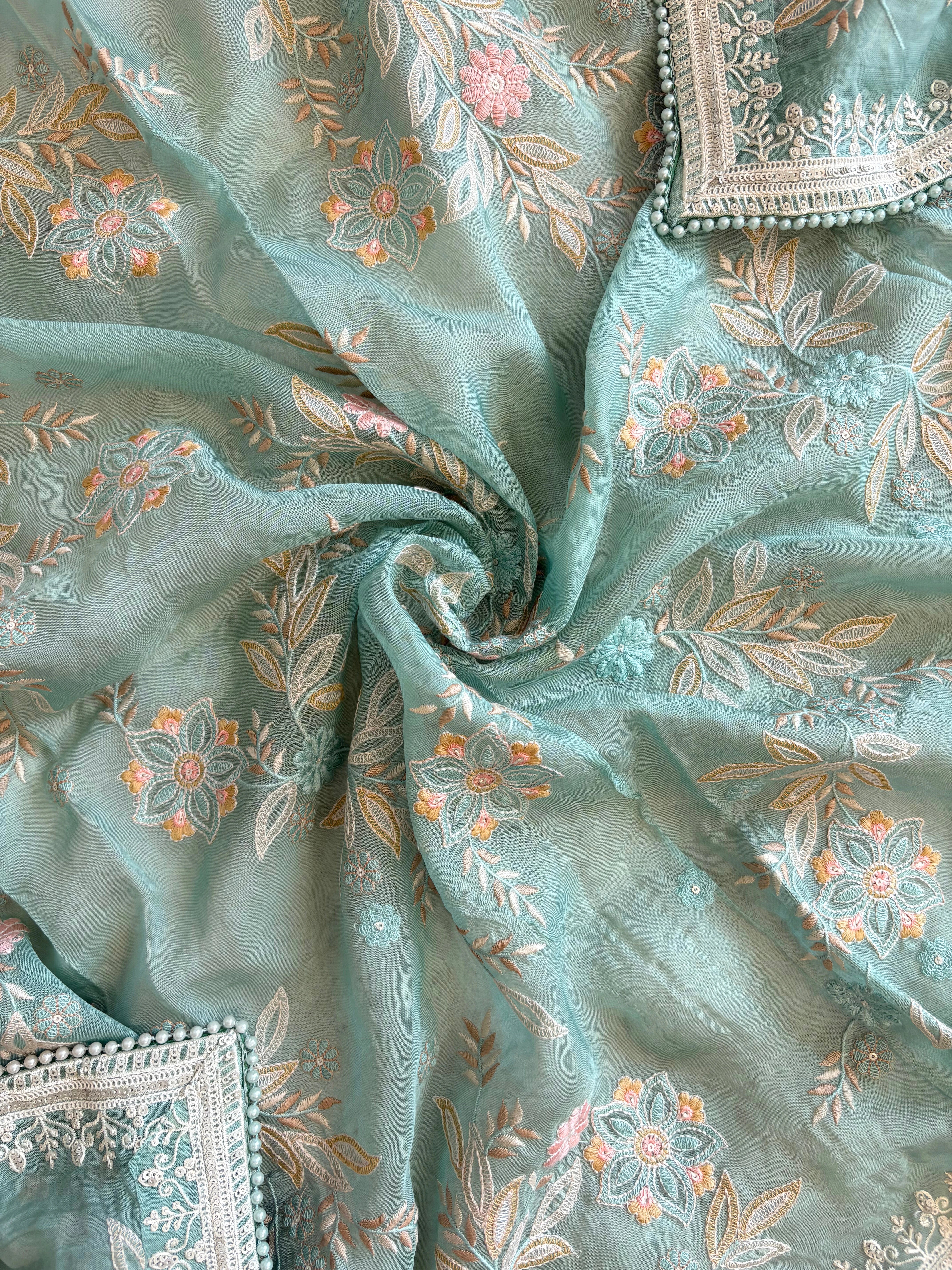 aqua green sheer organza with parsi embroidory