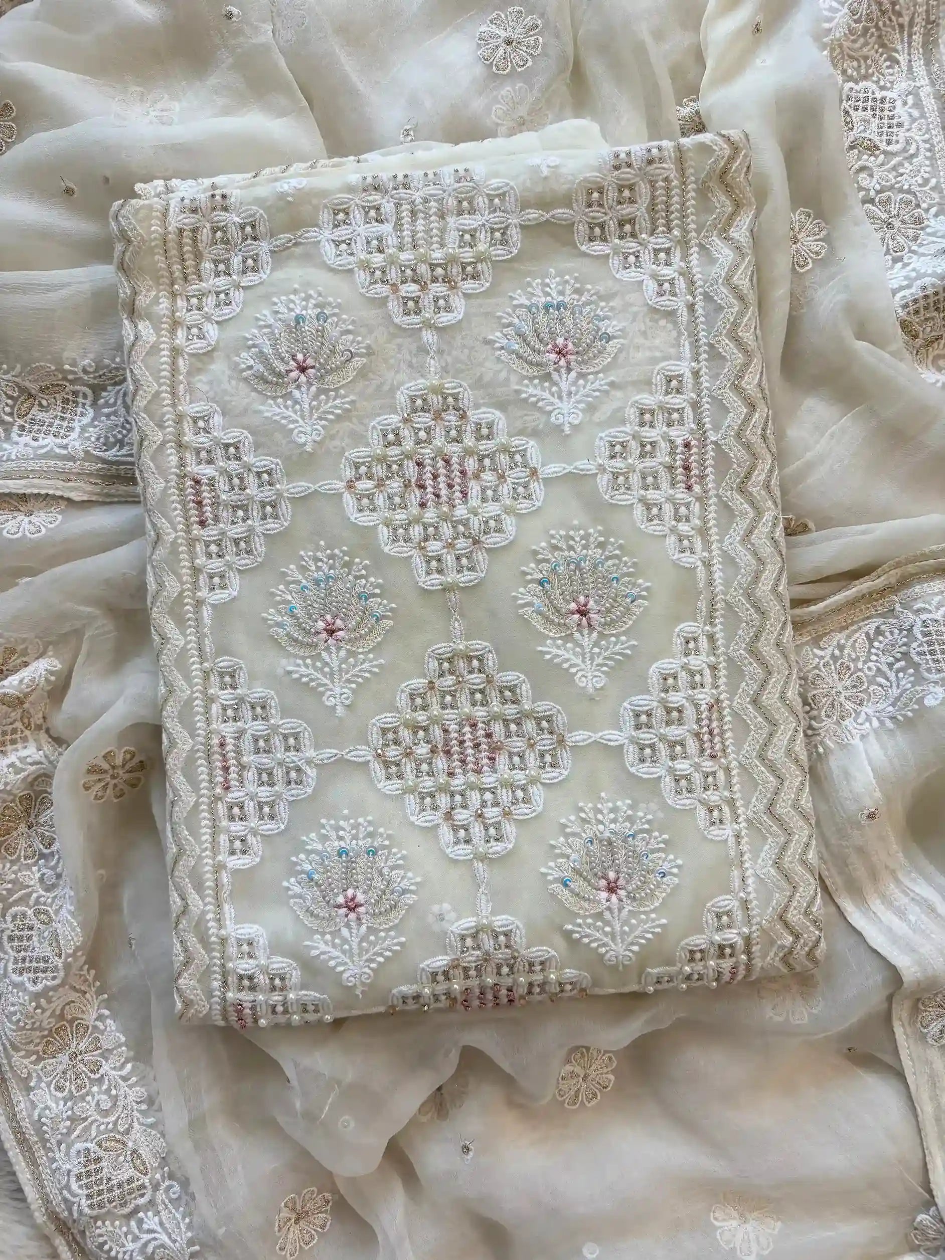 white georgette party wear chikankari unstitched suit for women or ladies