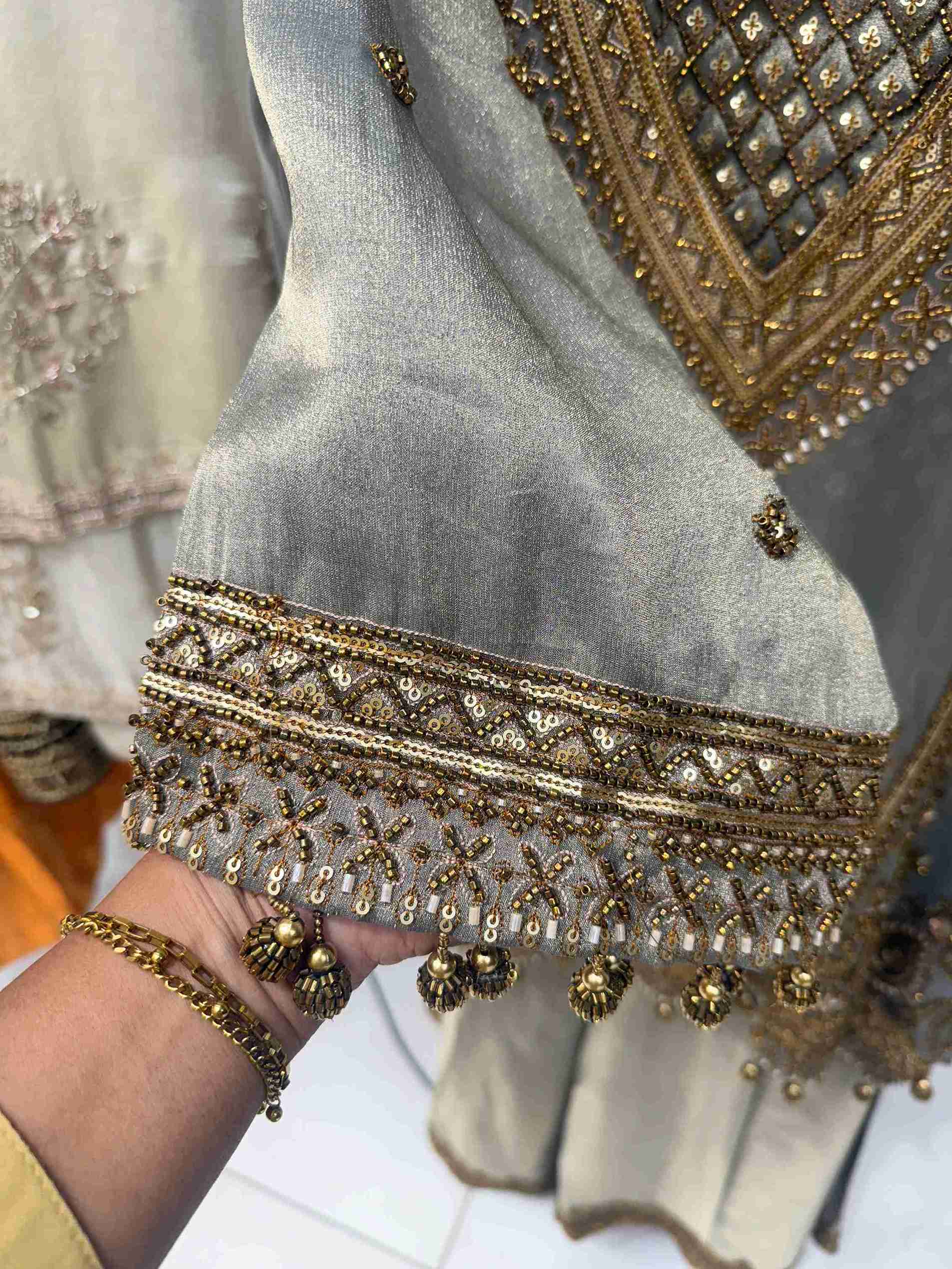 Grey Tissue Embroidered Kurta Sharara Set with Gold Zari, Sequin and Beadwork | Designer Party Wear