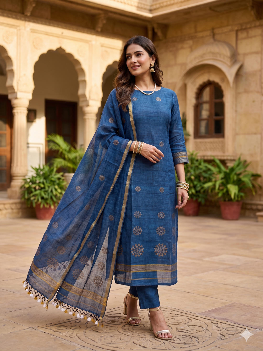 Complete teal blue pure handloom linen unstitched 2-piece suit  with shirt and dupatta showing golden floral cluster motifs on model
