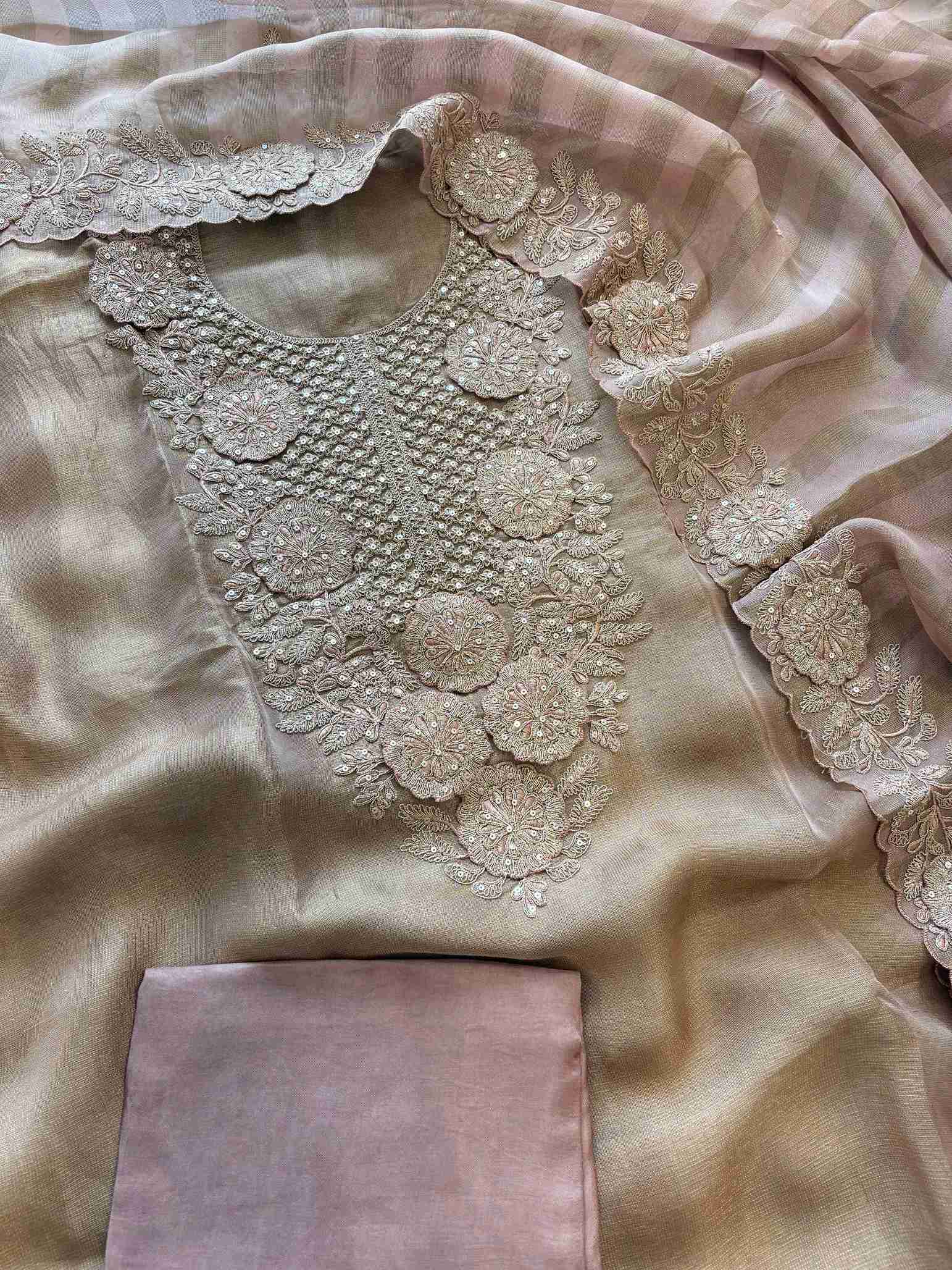 Tissue Unstitched Suit with Heavy Dori Work Neckline and Hemline