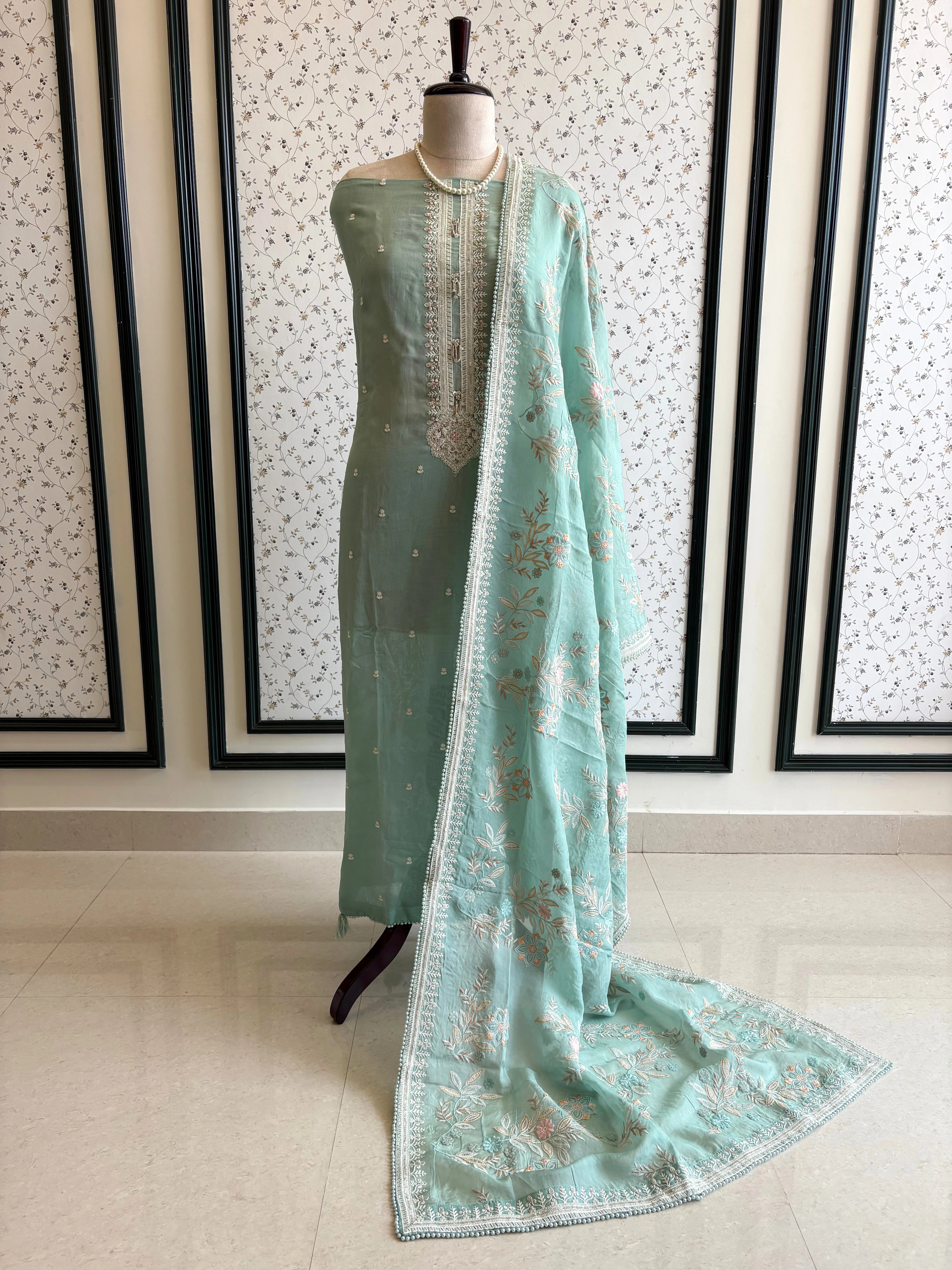 aqua green sheer organza with parsi embroidory