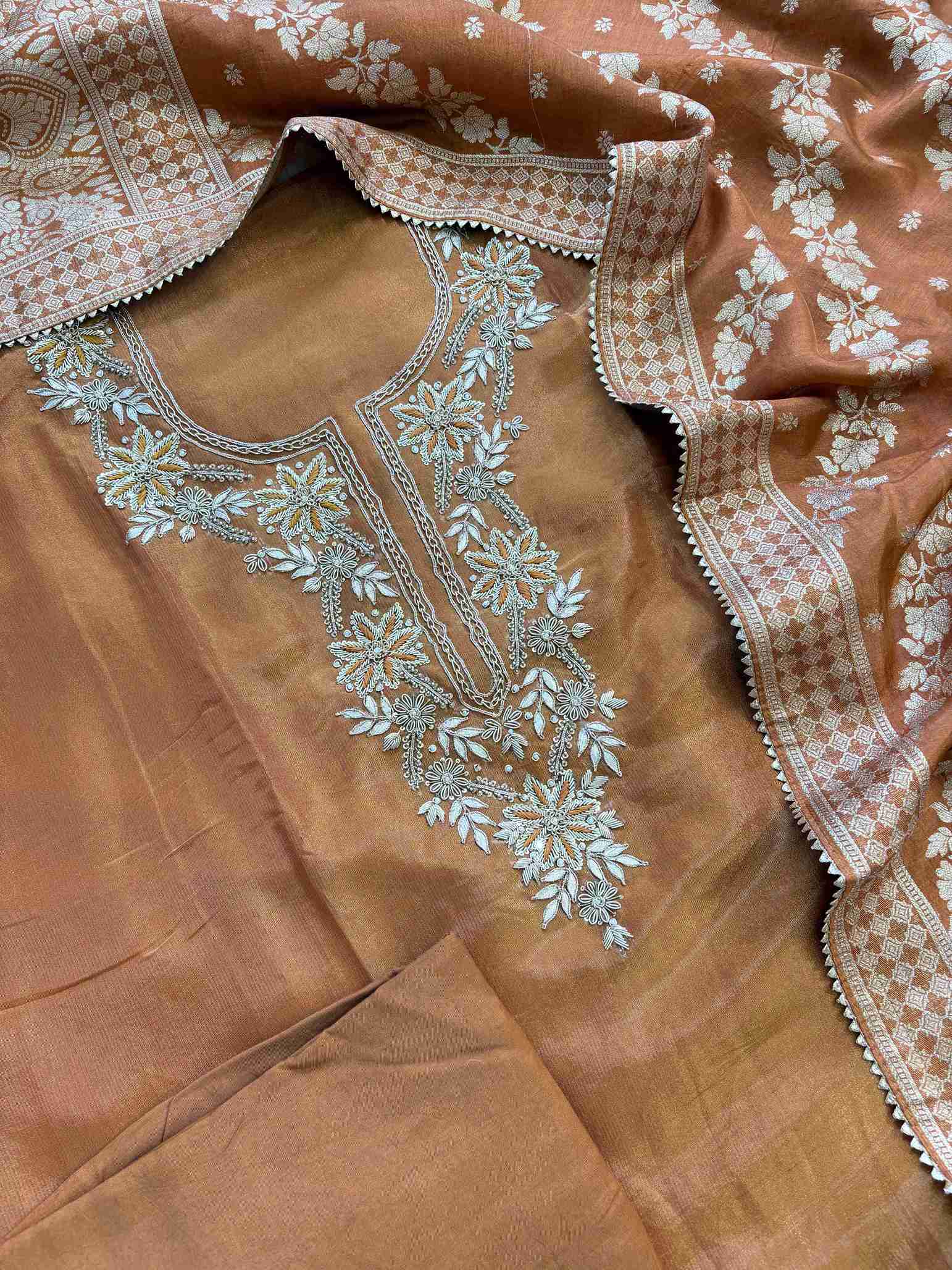 satin organza orange unstitched suit with zardozi neckline