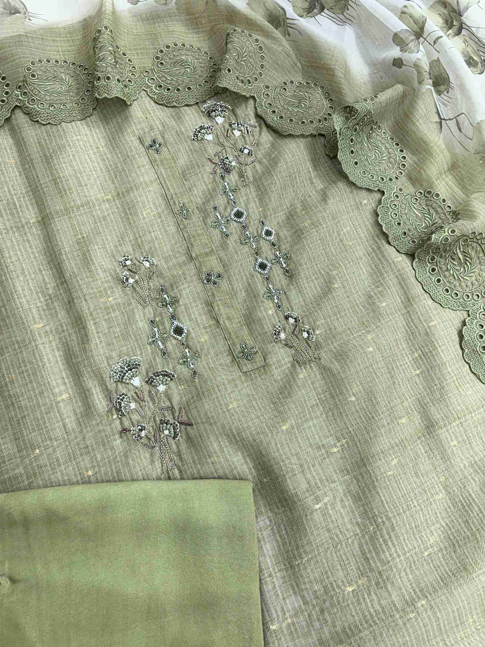 Olive Green Linen Suit with Threadwork & Organza Dupatta with Lace Detailing
