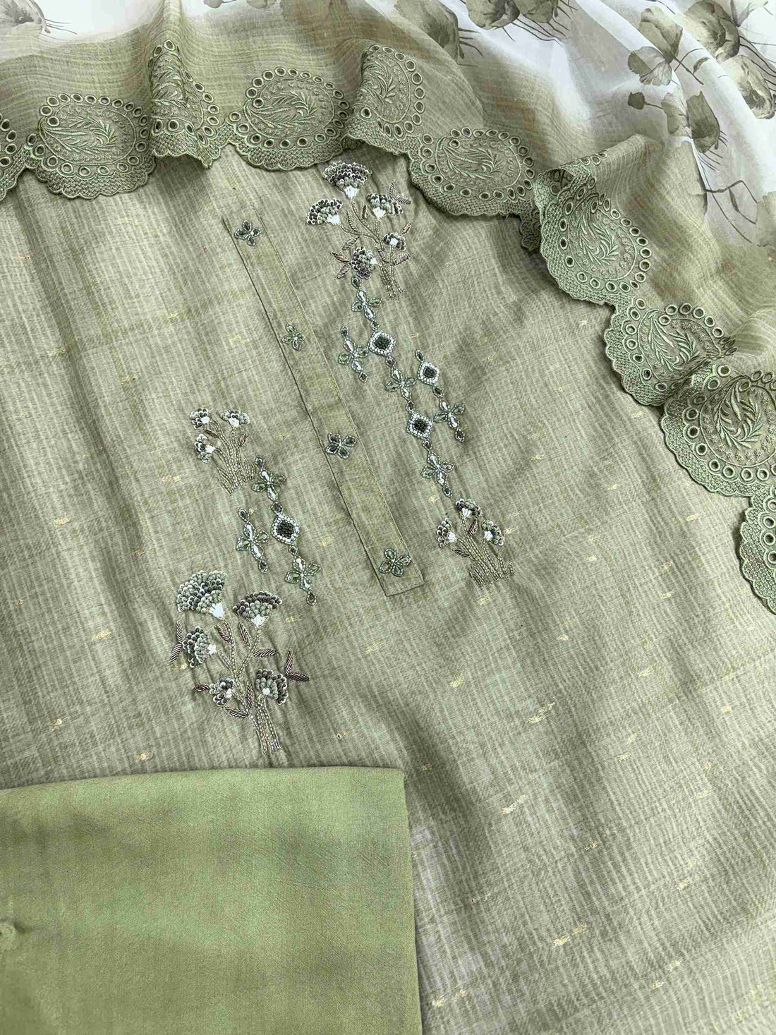 Olive Green Linen Suit with Threadwork & Organza Dupatta with Lace Detailing