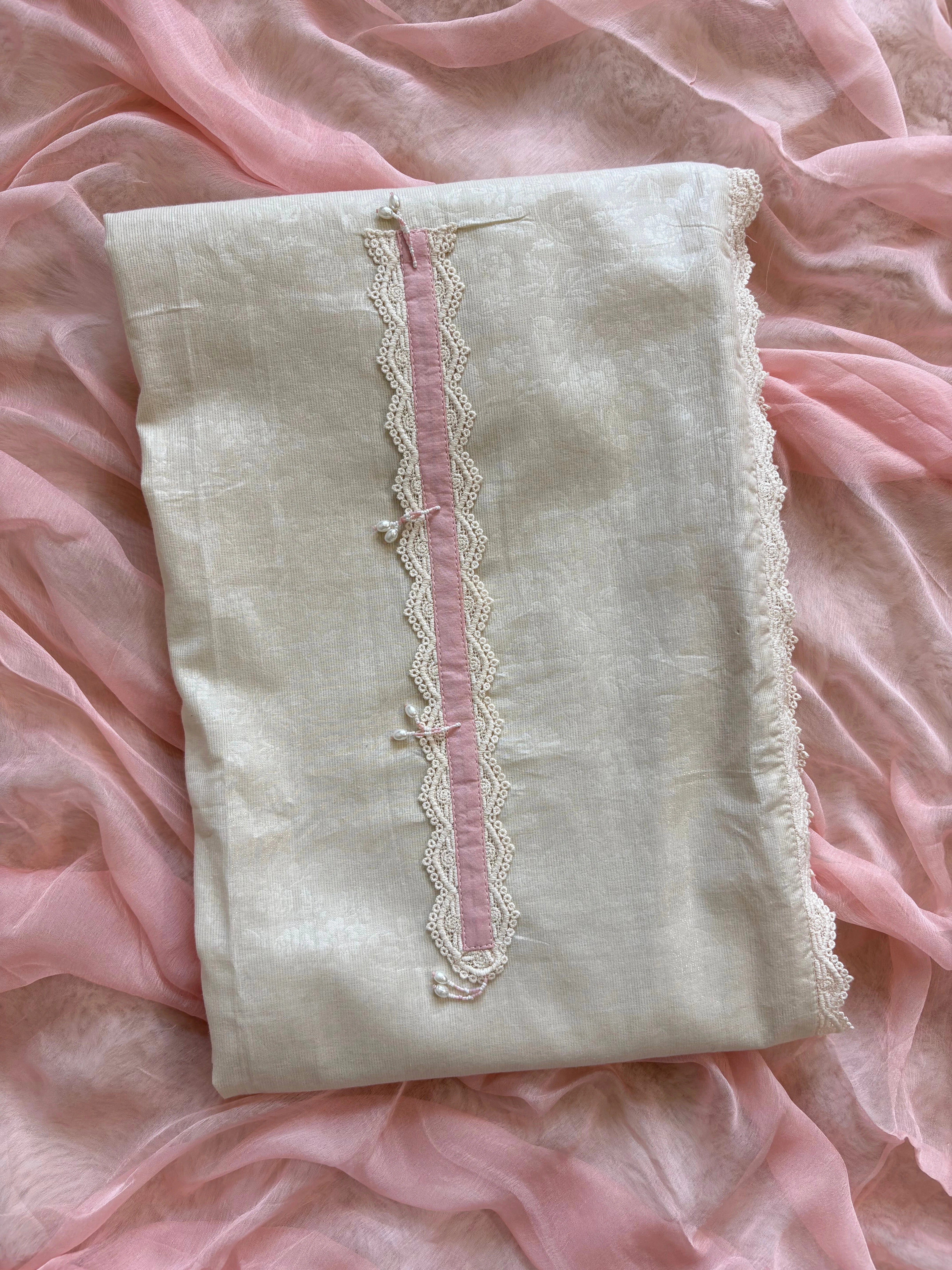 Ivory Schiffli Cotton Suit with Lace Accents & Pearl Embroidery | Summer Festive Lawn Collection