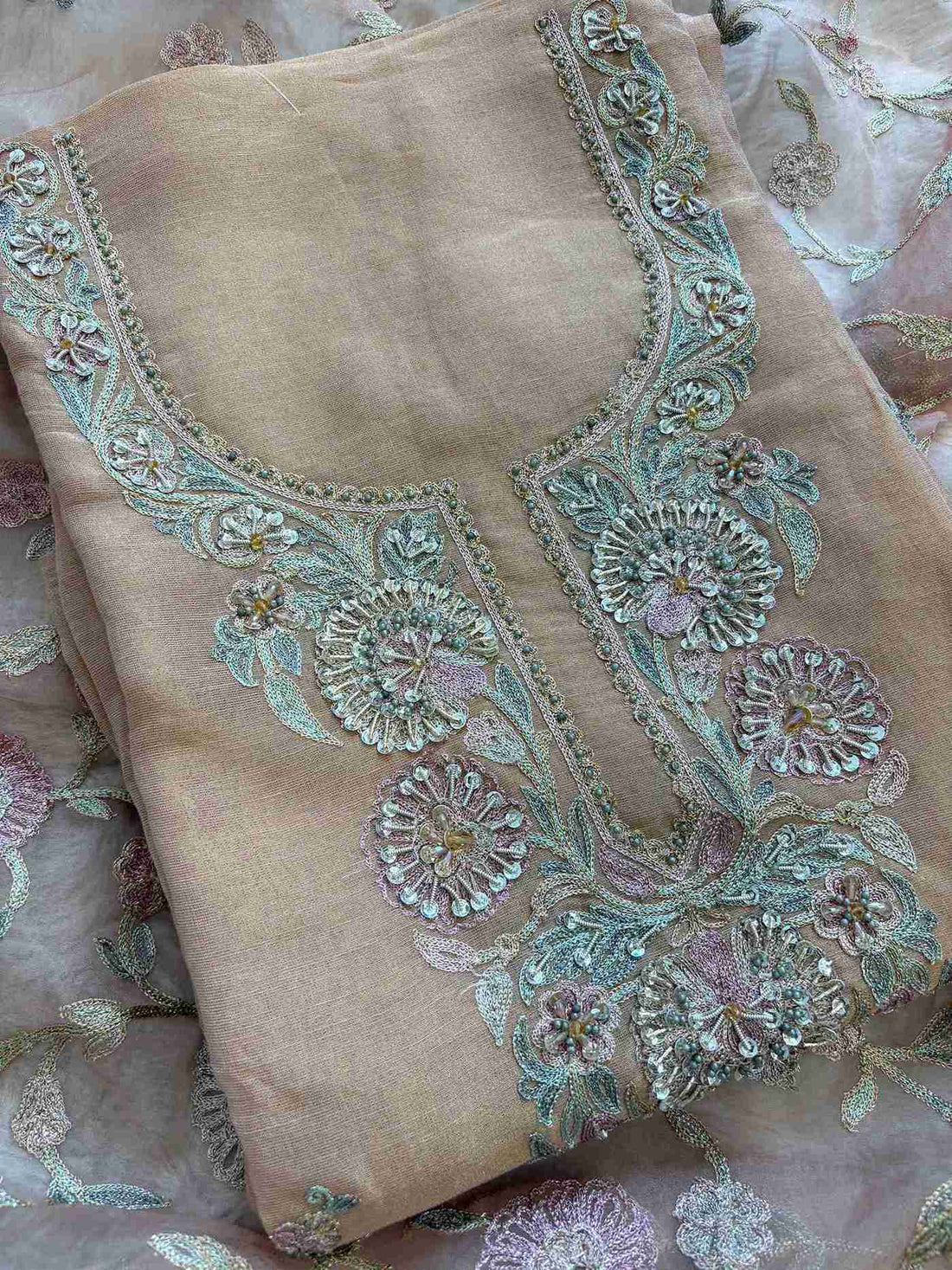 Peach Shimmer Tissue Embroidered Unstitched Suit Set with Organza Dupatta