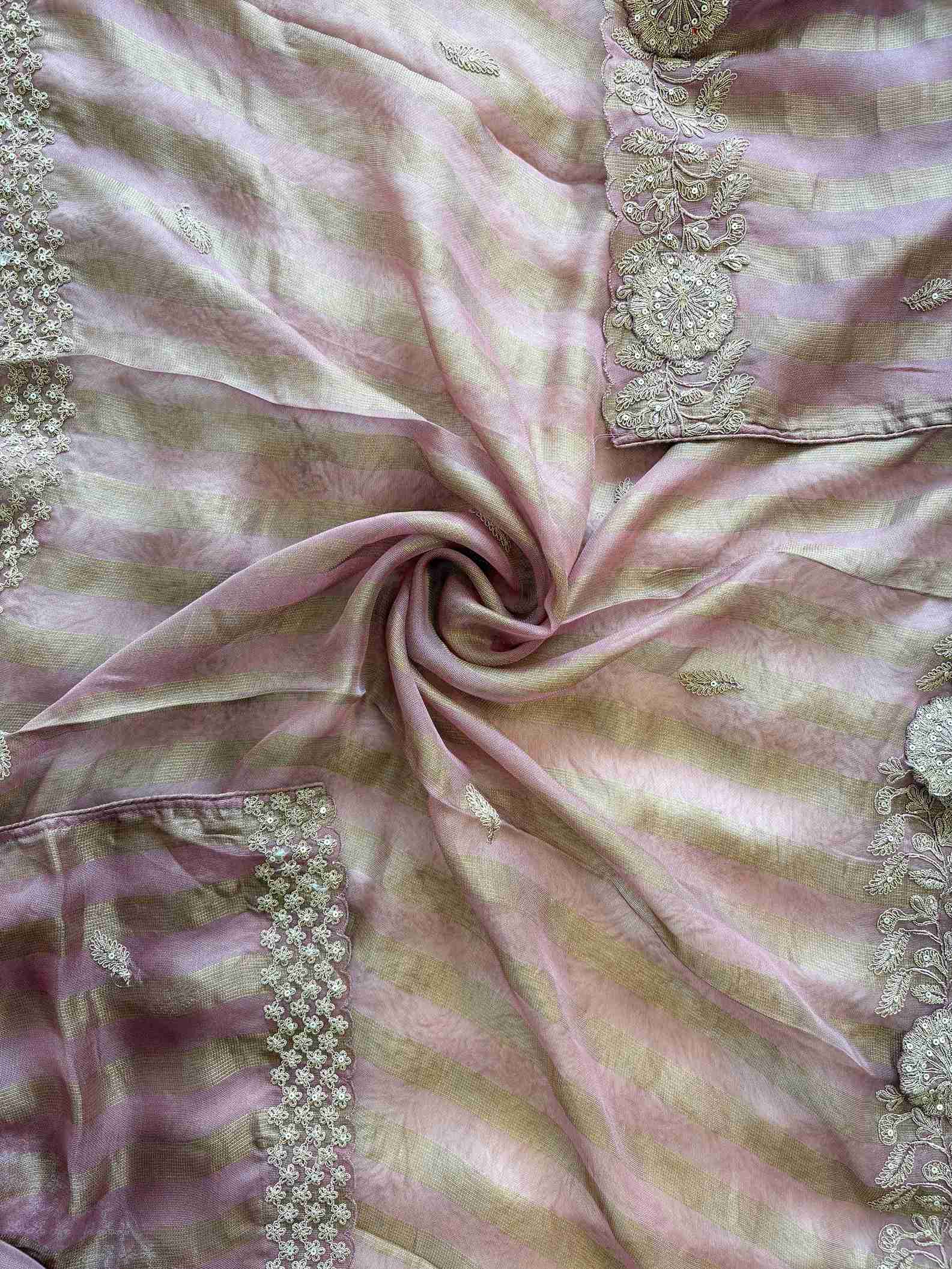 Tissue Unstitched Suit with Heavy Dori Work Neckline and Hemline