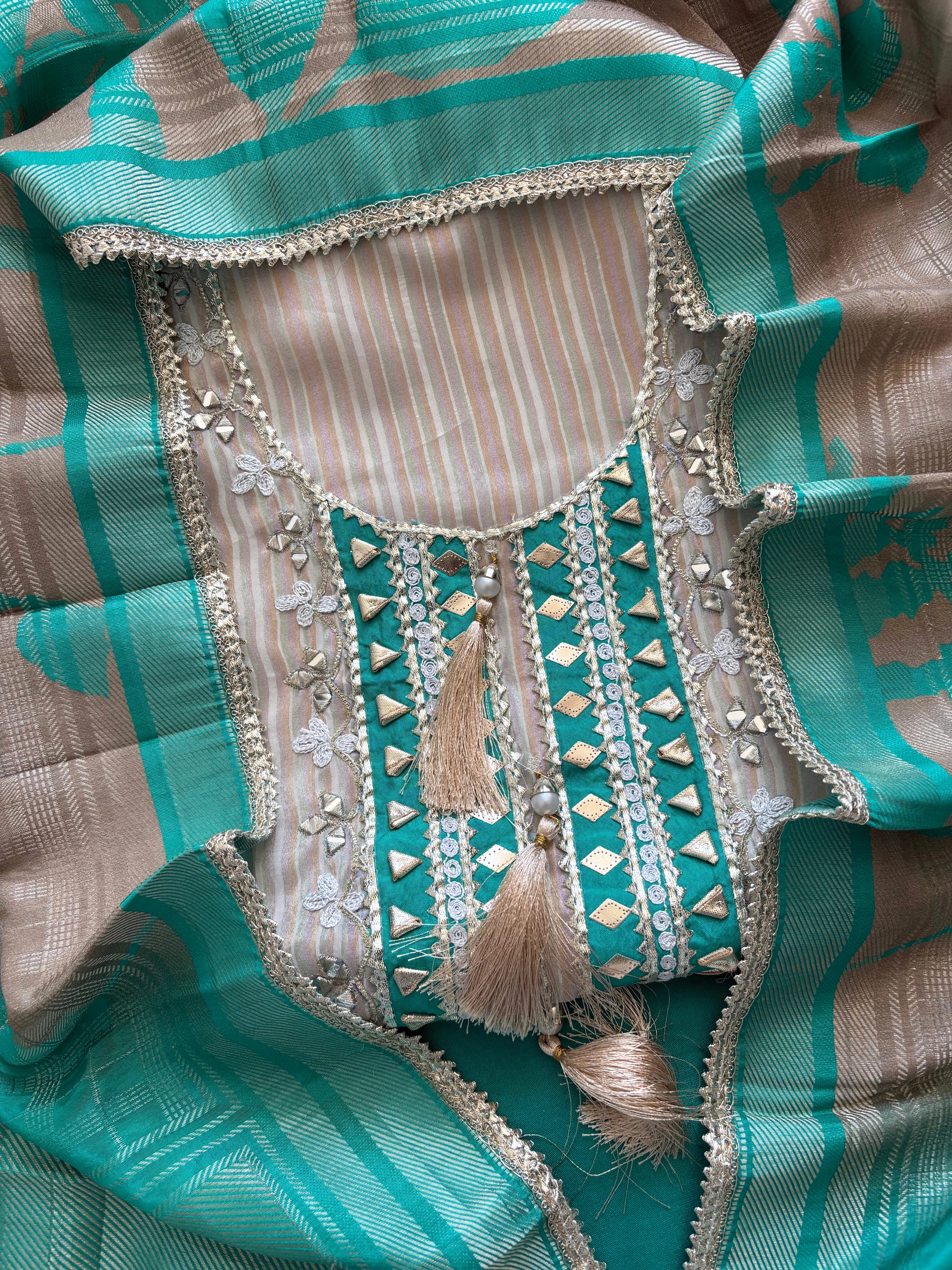 Beige & Teal Shimmer Organza Suit with Gotta Patti Embroidery