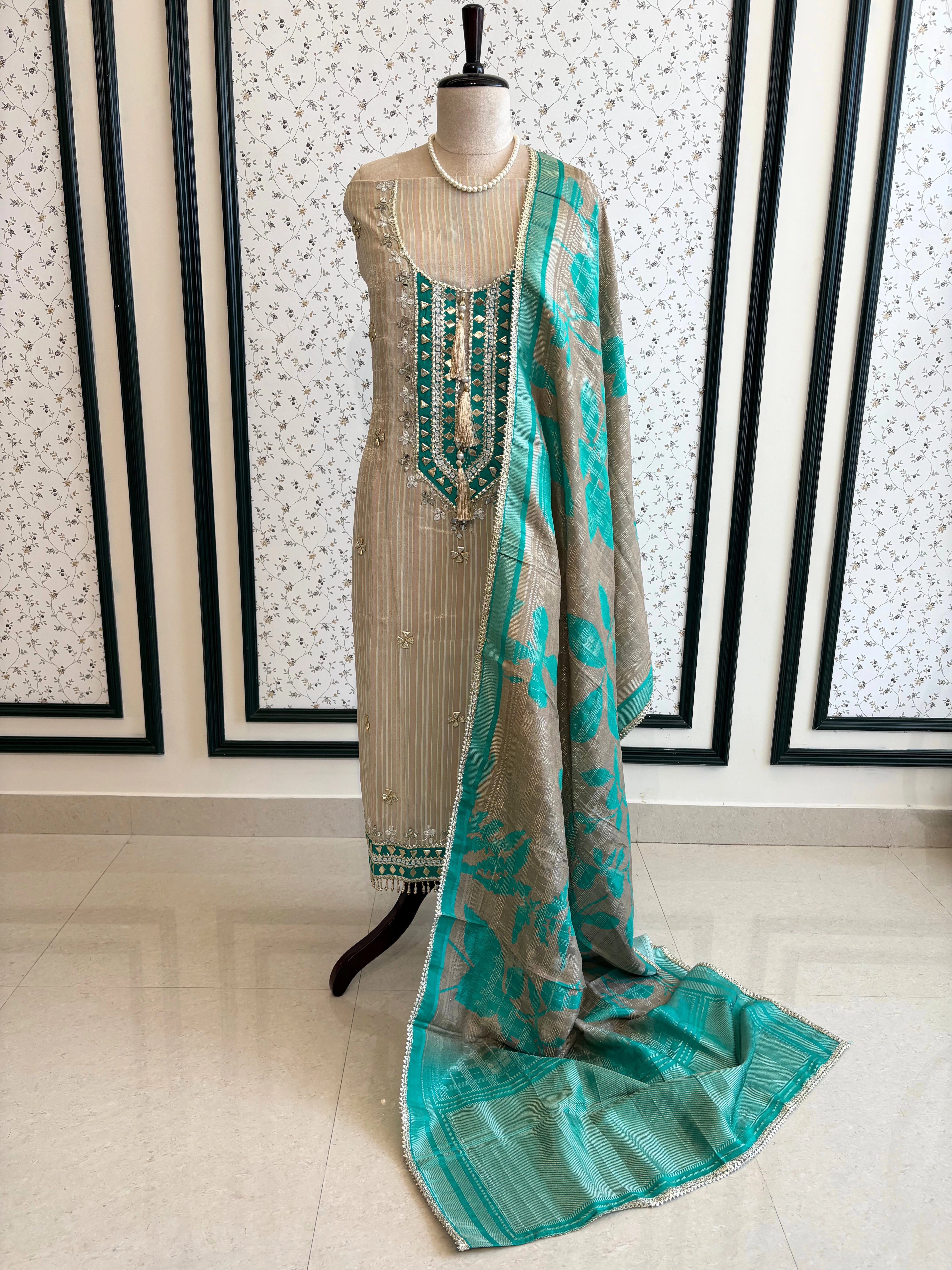 Beige & Teal Shimmer Organza Suit with Gotta Patti Embroidery