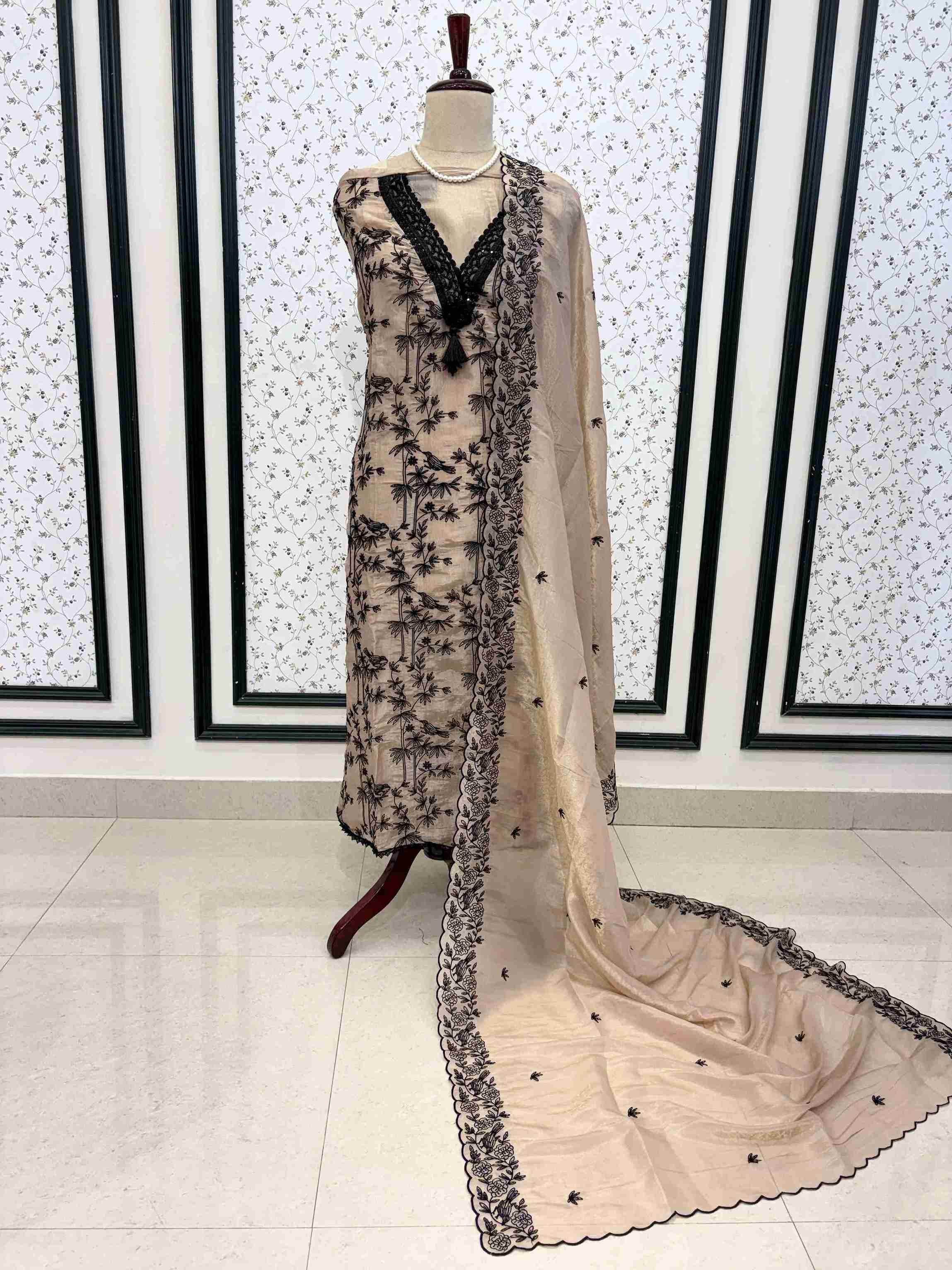 Elegant beige and black tissue unstitched suit set with embroidered dupatta