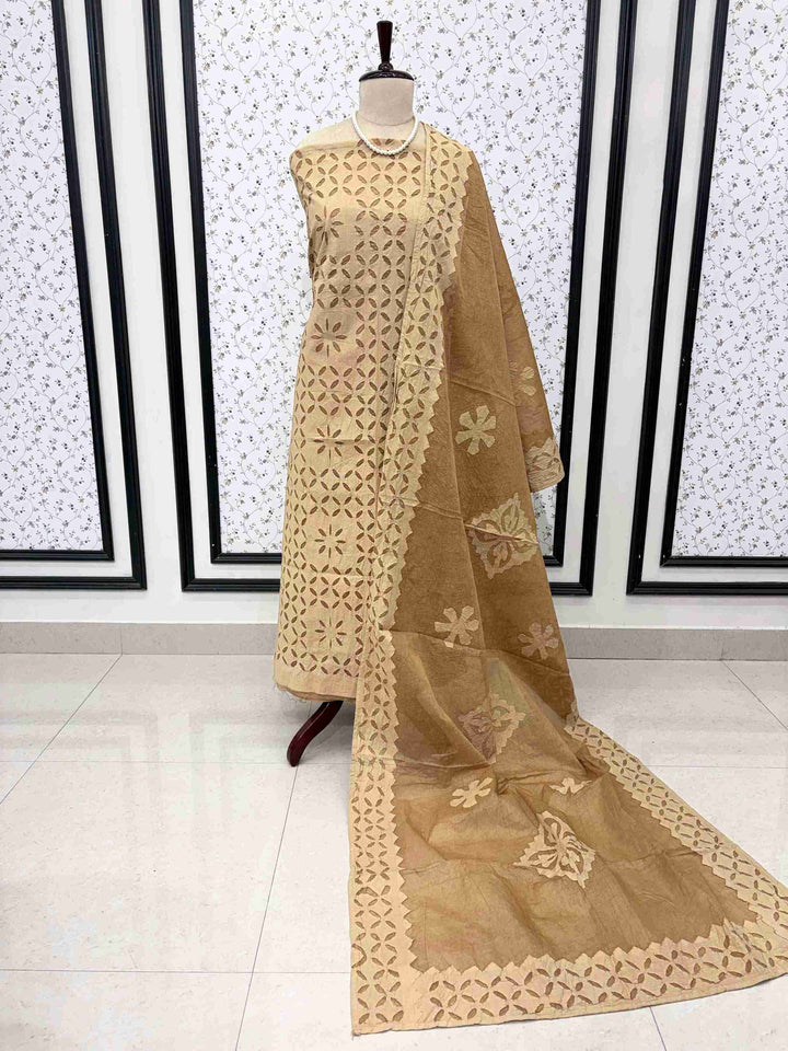 Elegant beige pure cotton ethnic suit set with all-over applique jaali handwork