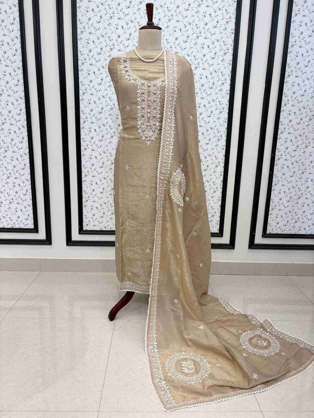 Elegant beige tissue unstitched suit set with opada silk bottom