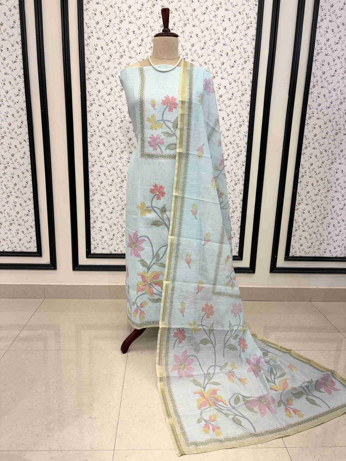 Elegant powder blue linen cotton unstitched suit set with floral vine dupatta