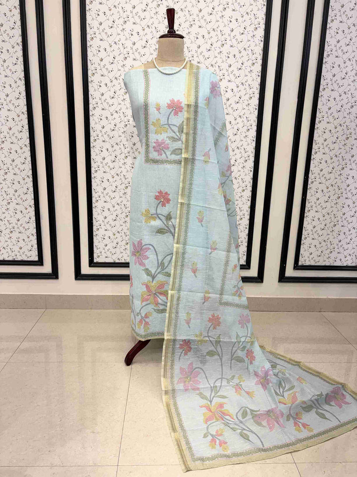 Elegant powder blue linen cotton unstitched suit set with floral vine dupatta