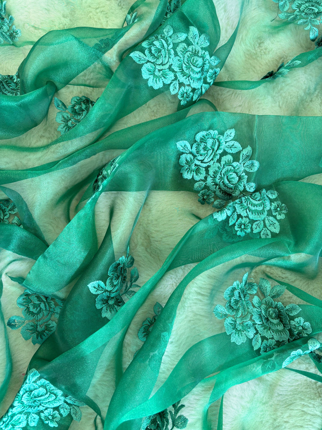 Scattered floral embroidered motifs on emerald green glass tissue dupatta