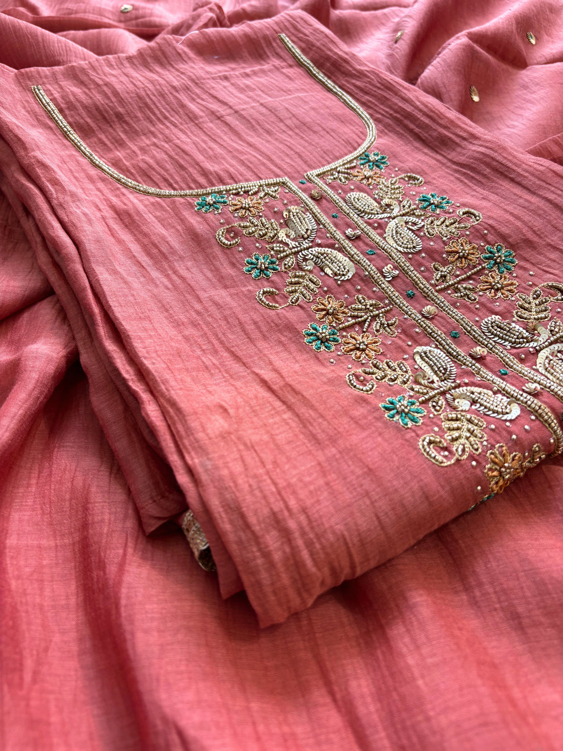 Elegant Rust Mal Cotton Suit with Bead Embellished Neckline