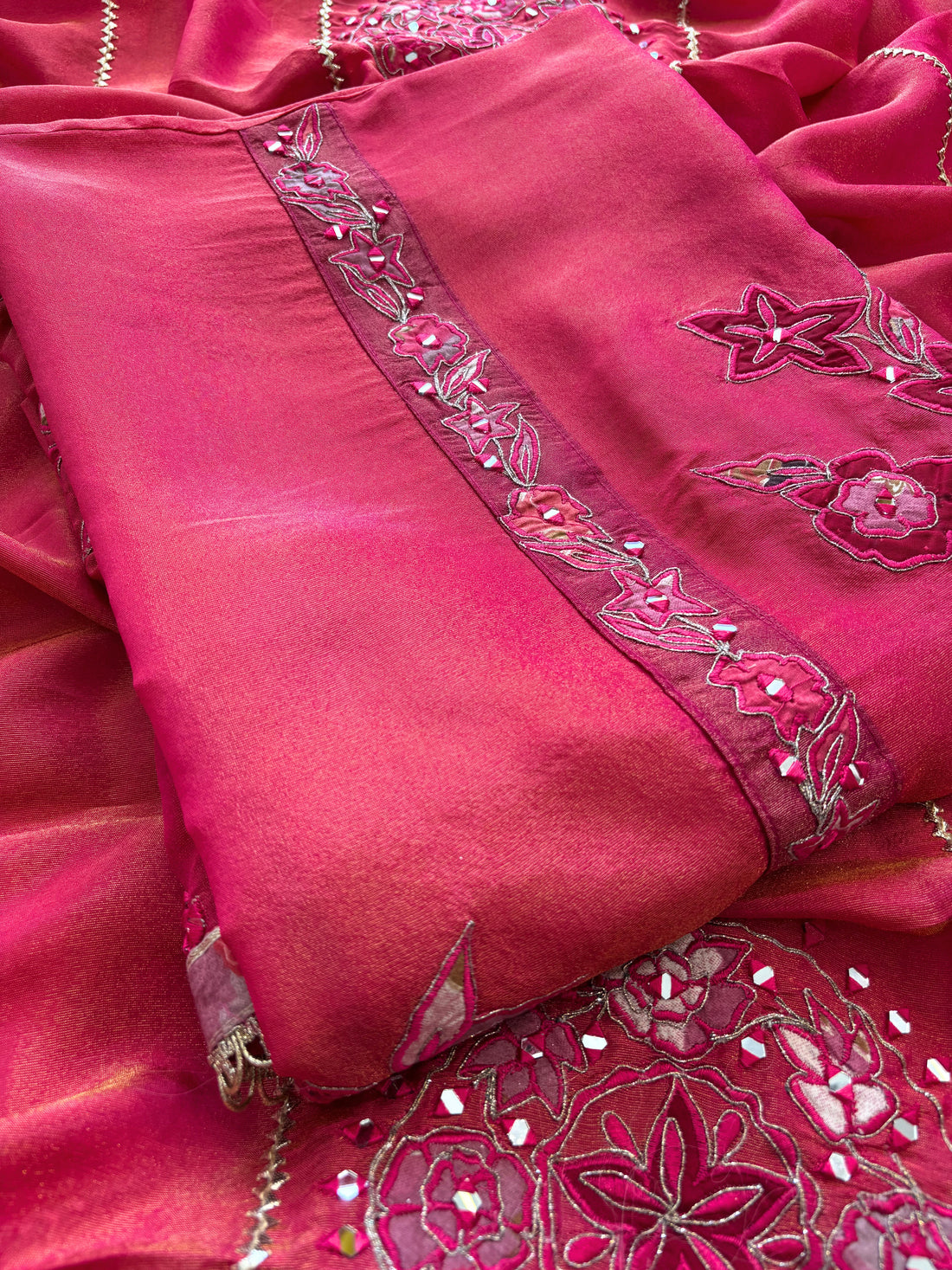 Magenta pure organza with applique highlighting for weddings