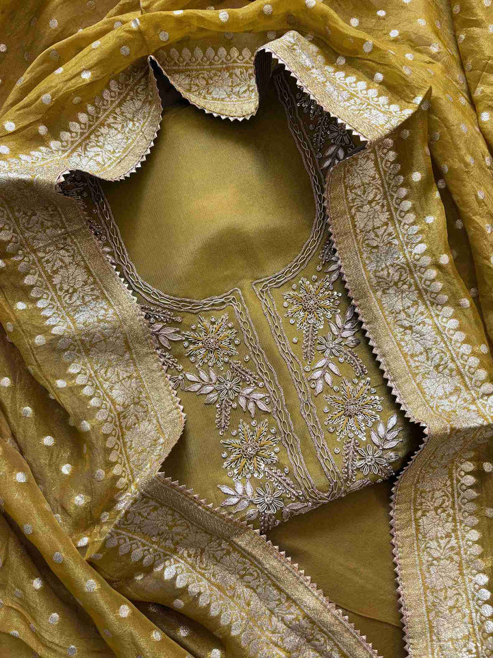 satin organza yellow unstitched suit with zardozi neckline