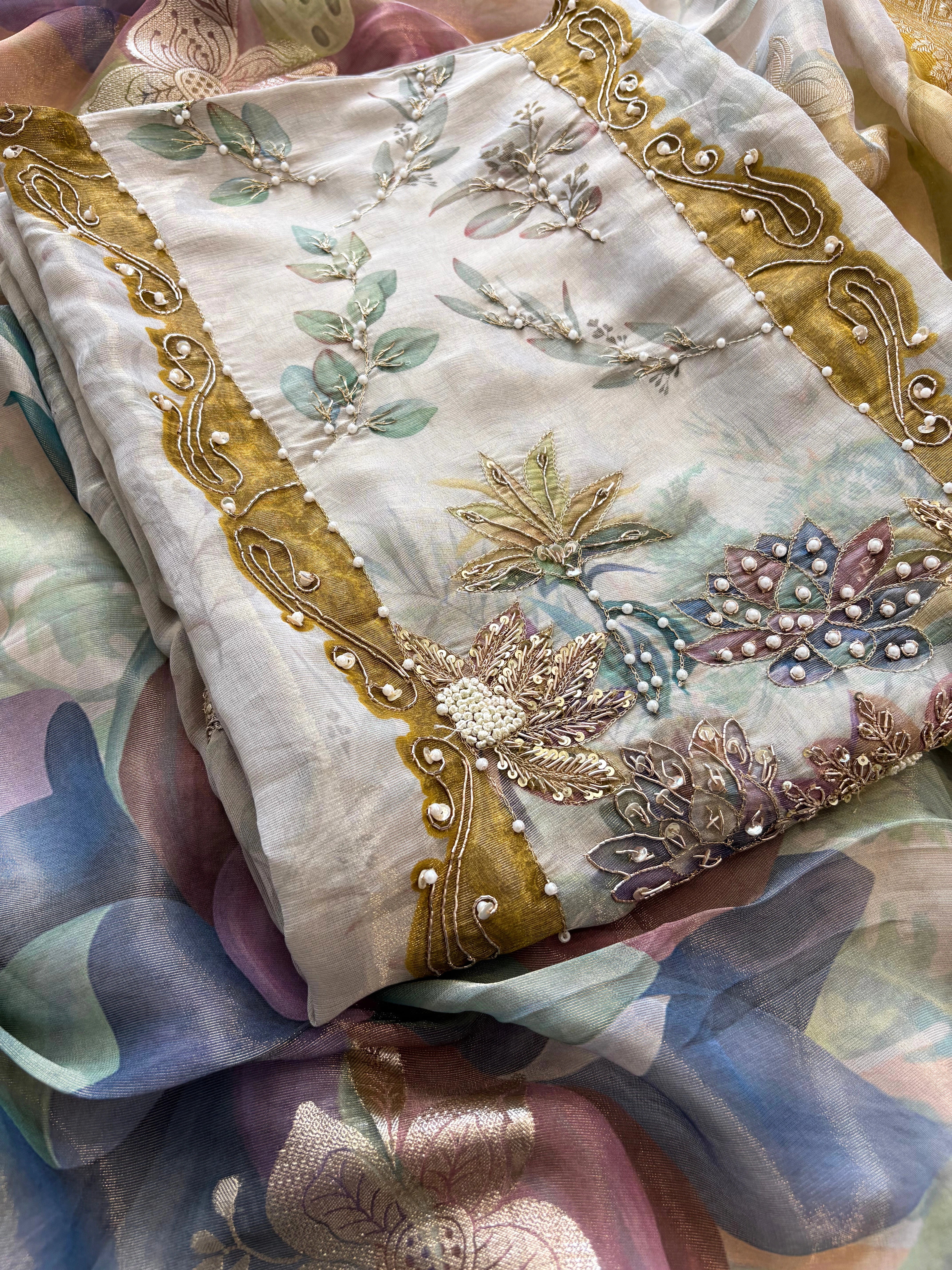 Designer Beige Organza Suit with multicolor dupatta for Festive Wear  | Party Wear