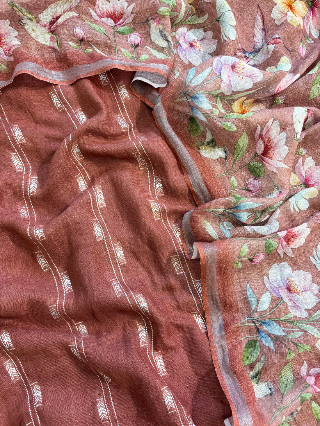 Rosewood linen suit with minimal white thread embroidery on kurta and floral digital printed dupatta, perfect for summer events and festive daywear.