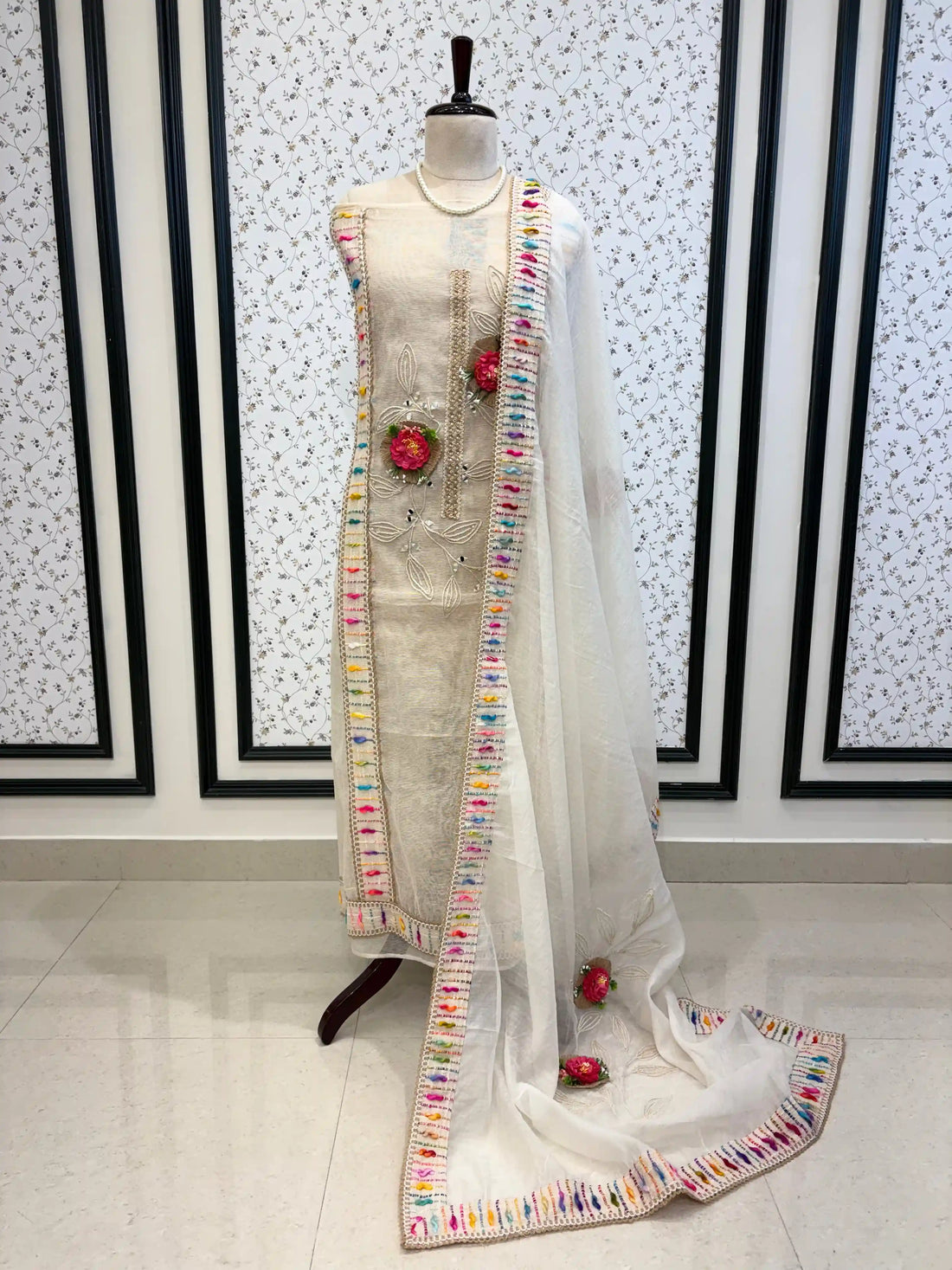 cottton unstitched suits with 3d flowers 