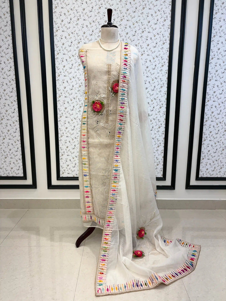 cottton unstitched suits with 3d flowers 