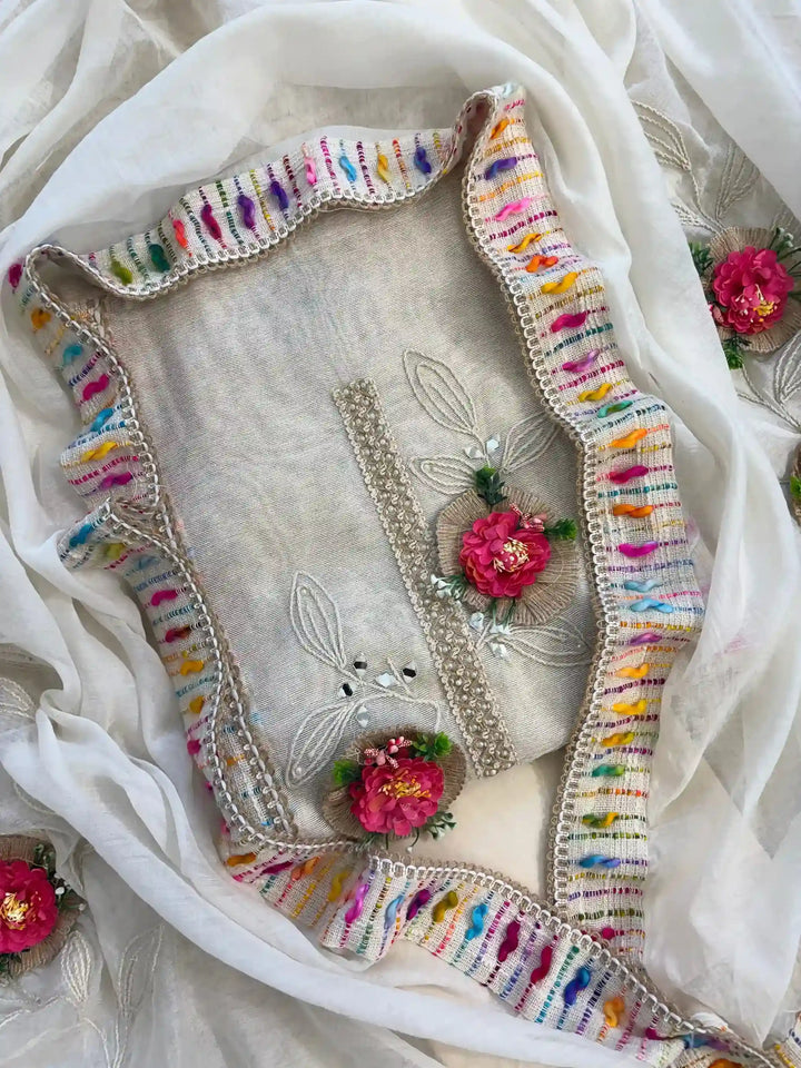 cottton unstitched suits with 3d flowers 