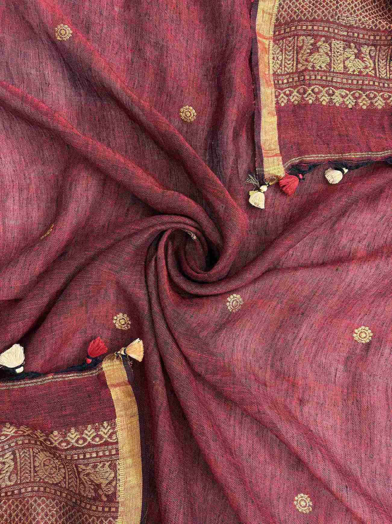 Deep Maroon Jaishree Linen Unstitched Suit | Zari Woven Daaman & Dupatta Borders | Scattered Zari Booties Women's 2-Piece Suit
