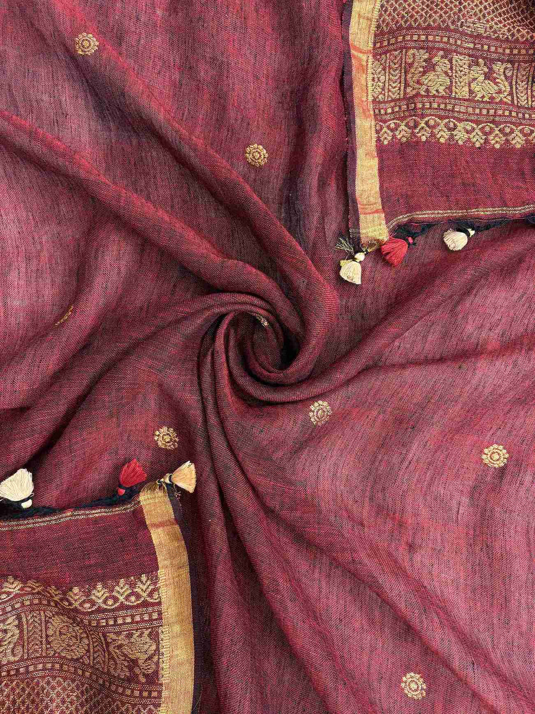 Deep Maroon Jaishree Linen Unstitched Suit | Zari Woven Daaman & Dupatta Borders | Scattered Zari Booties Women's 2-Piece Suit