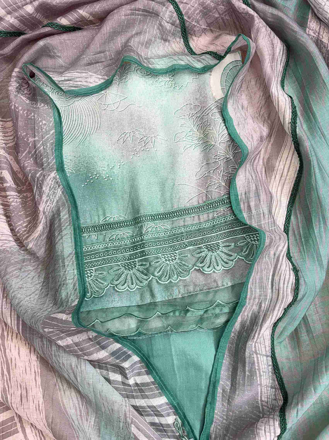 Grey Green Pure Muslin Digital Print Handwork Unstitched Suit Set